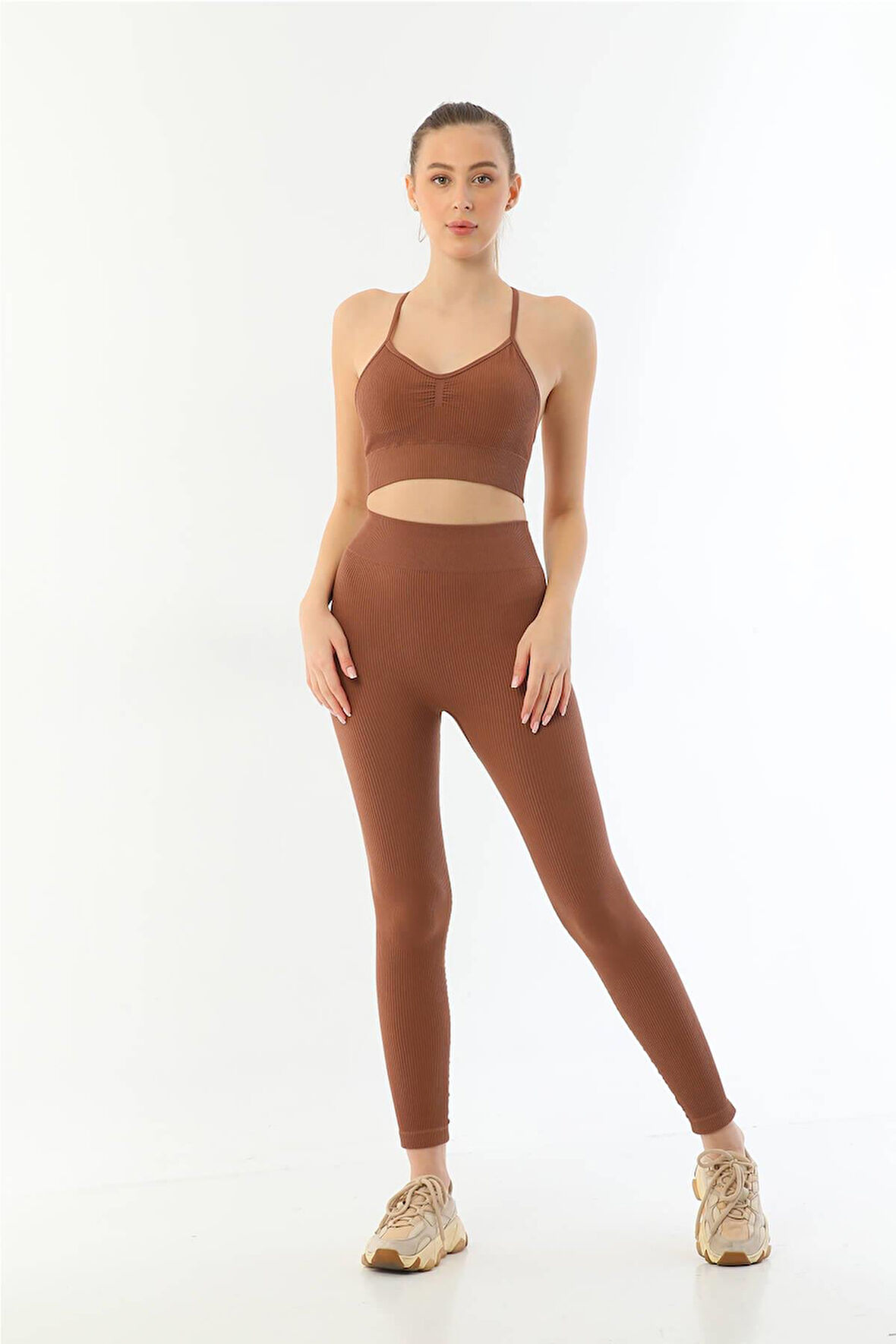 KAHVE MI Emay 3921 Soft Seamless Ripli Tayt Yoga Takımı