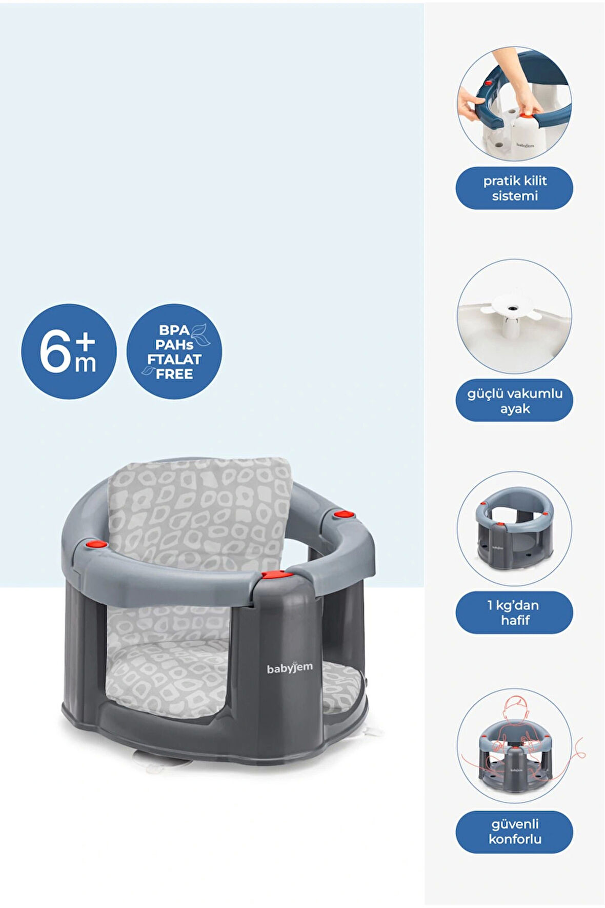 Babyjem Önden Açılır Mama Sandalye Oturağı Ve Minderi - 2'Li Set Gri