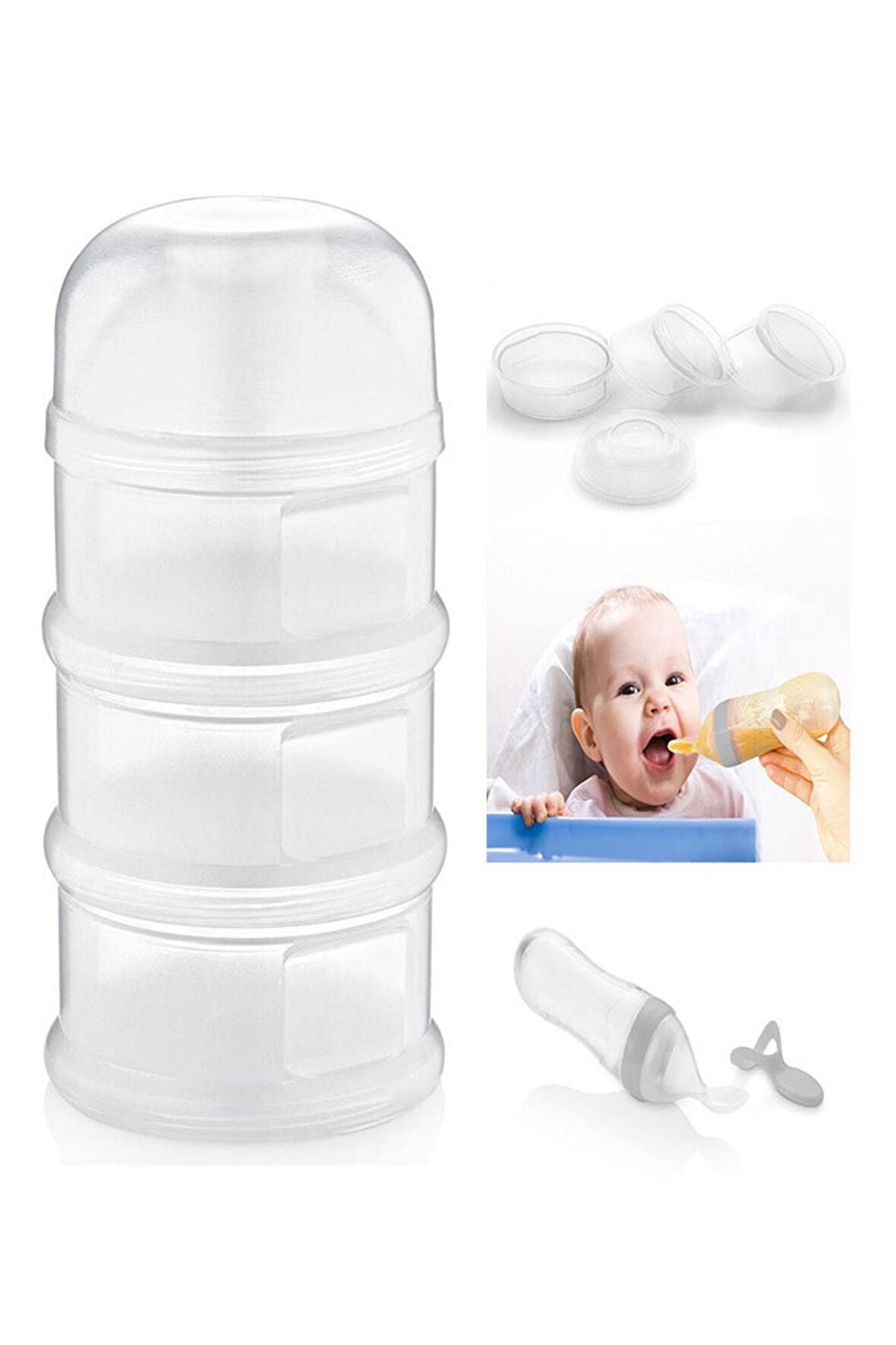 Katlı Toz Mama Kabı Beyaz + Sıkmalı Kaşık Gri 90 Ml - Özel Koruyucu Kapaklı