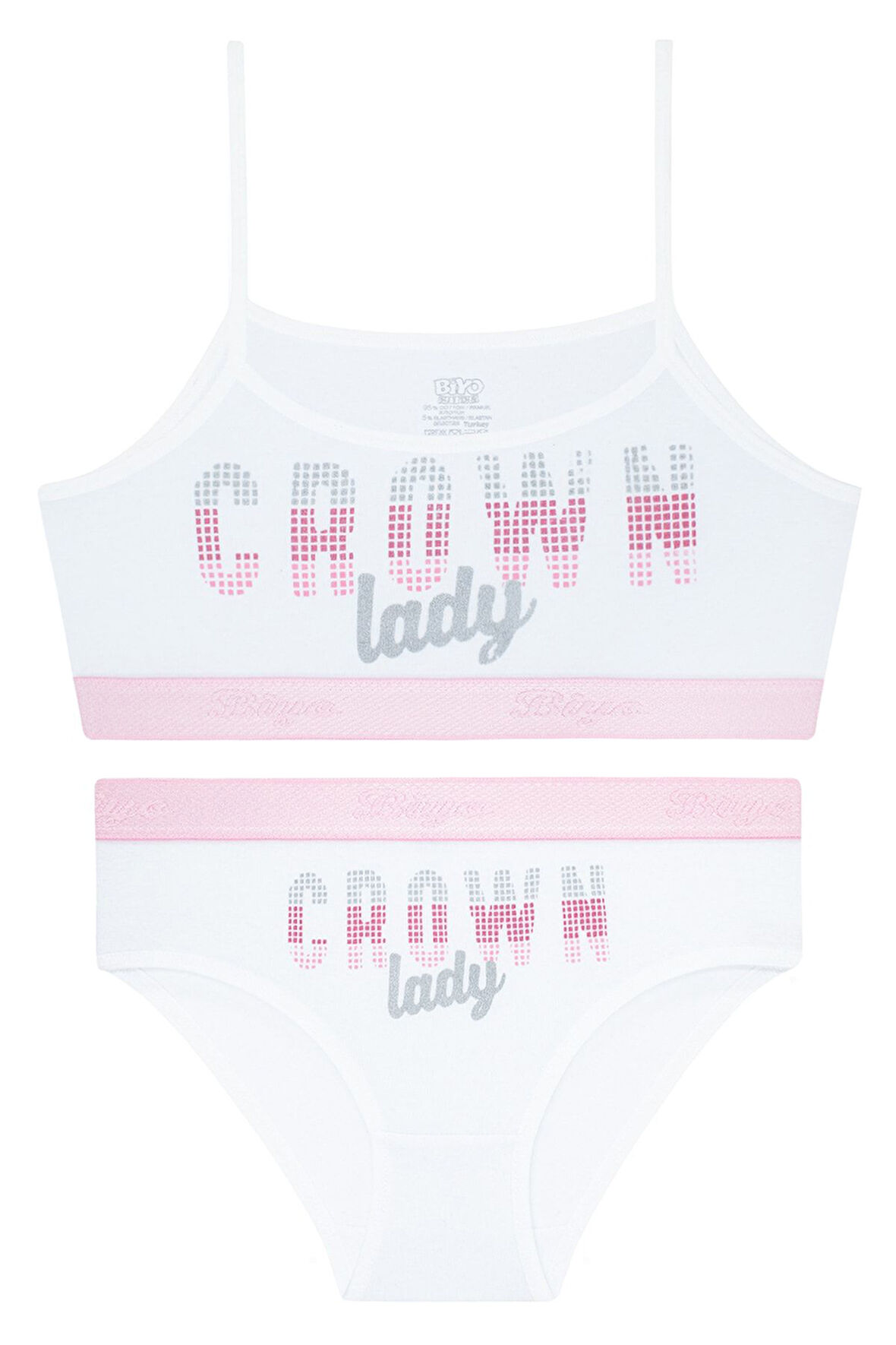 Kız Çocuk Beyaz Baskılı İp Askılı Sporcu Bustiyer Takım