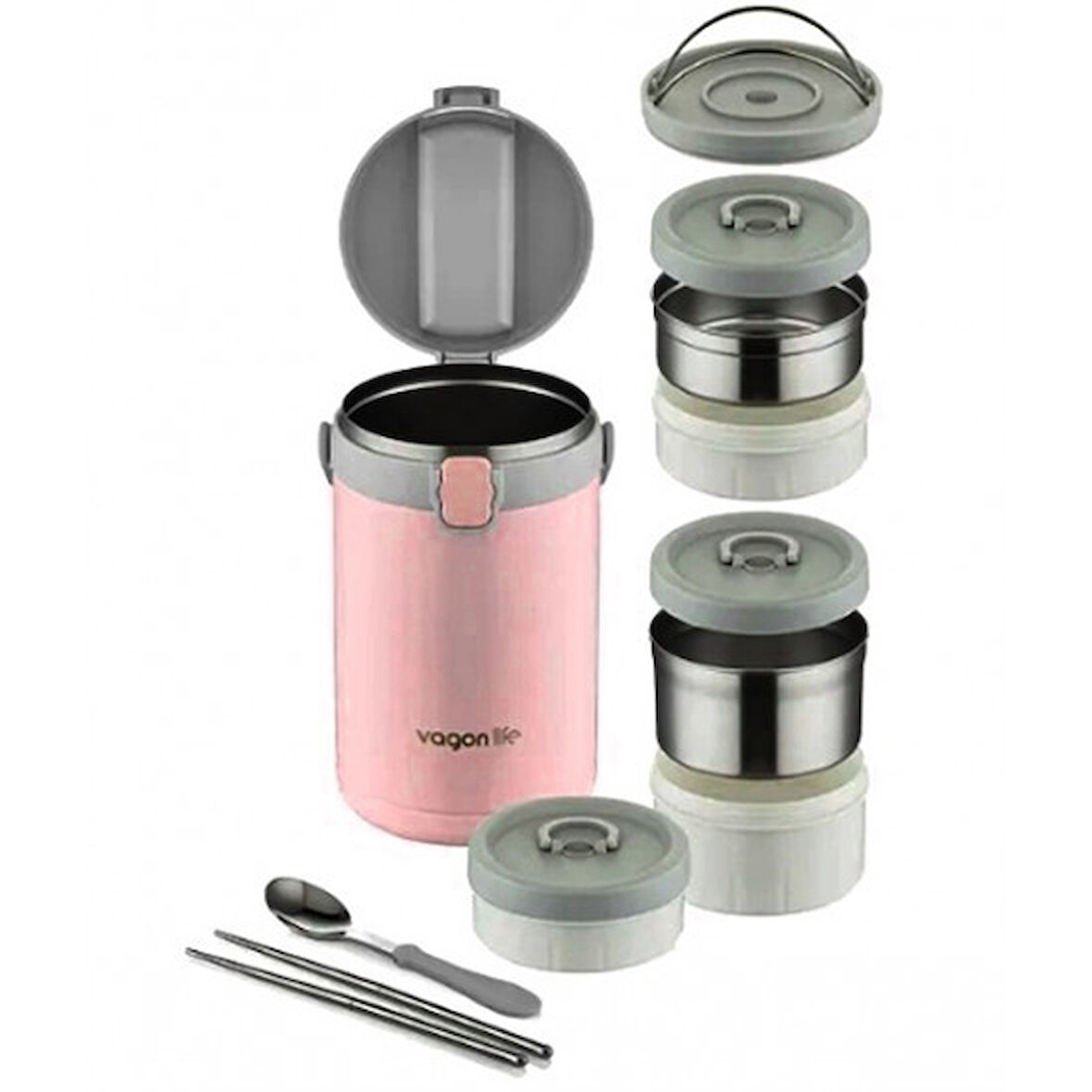 Lunchbox 3 Katlı 4-6 Saat Sıcak/soğuk Termos Çelik Sefer Tası Beslenme Kabı 2100ml Pembe