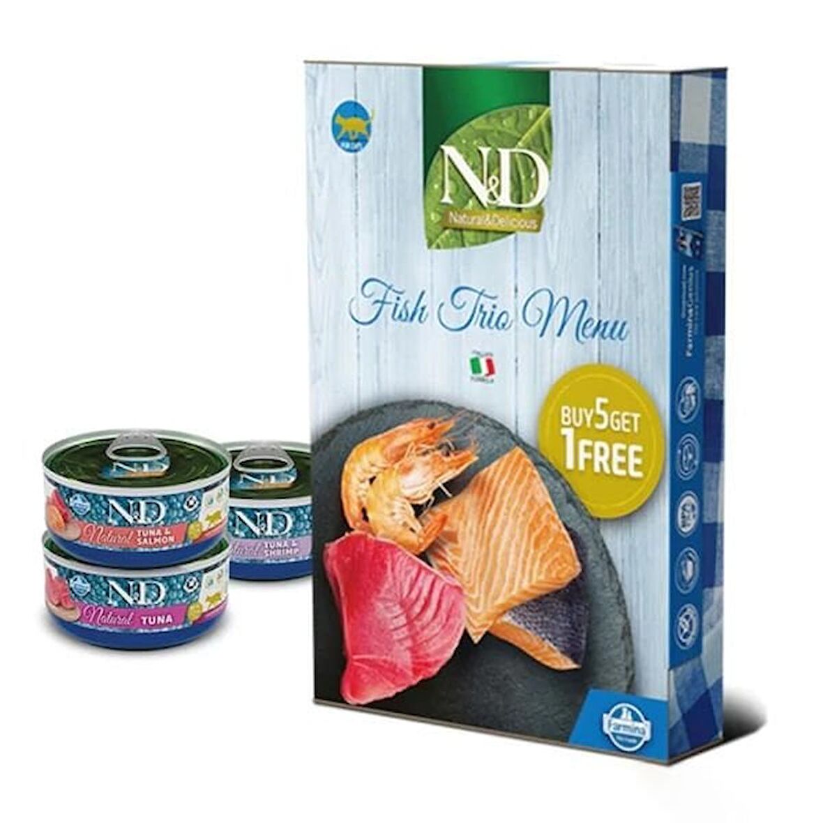 N&D Fish Trio Menu Karides ve Somon Balıklı Yetişkin Kedi Konservesi 70 Gr 6 Al 5 Öde