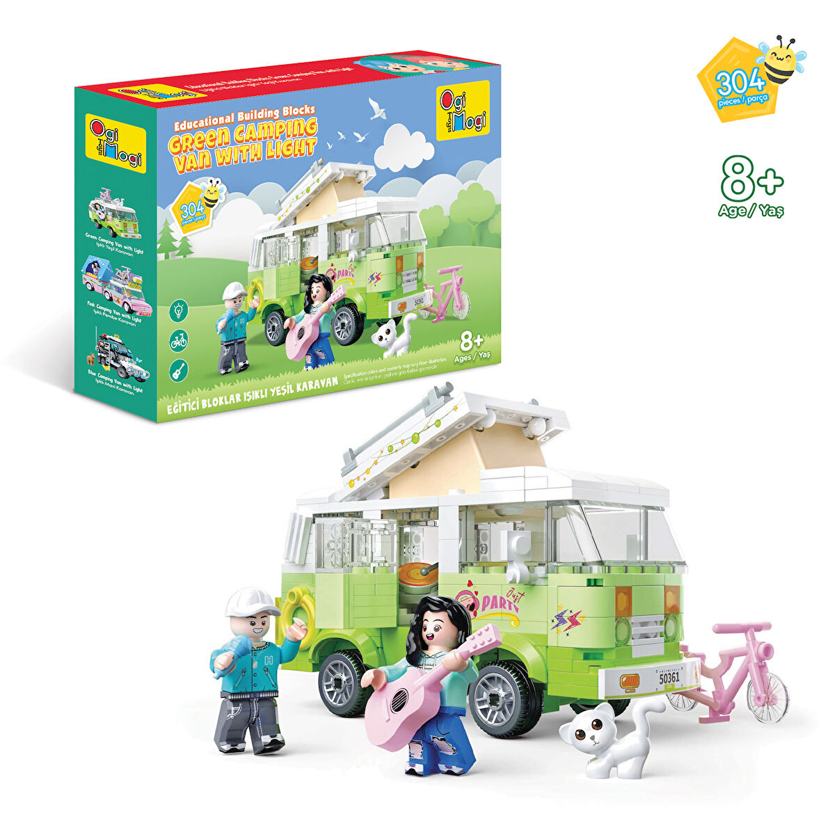 Ogi Mogi Toys Eğitici Bloklar Işıklı Yeşil Karavan 304 Parça, Lego Uyumlu Yapı Seti