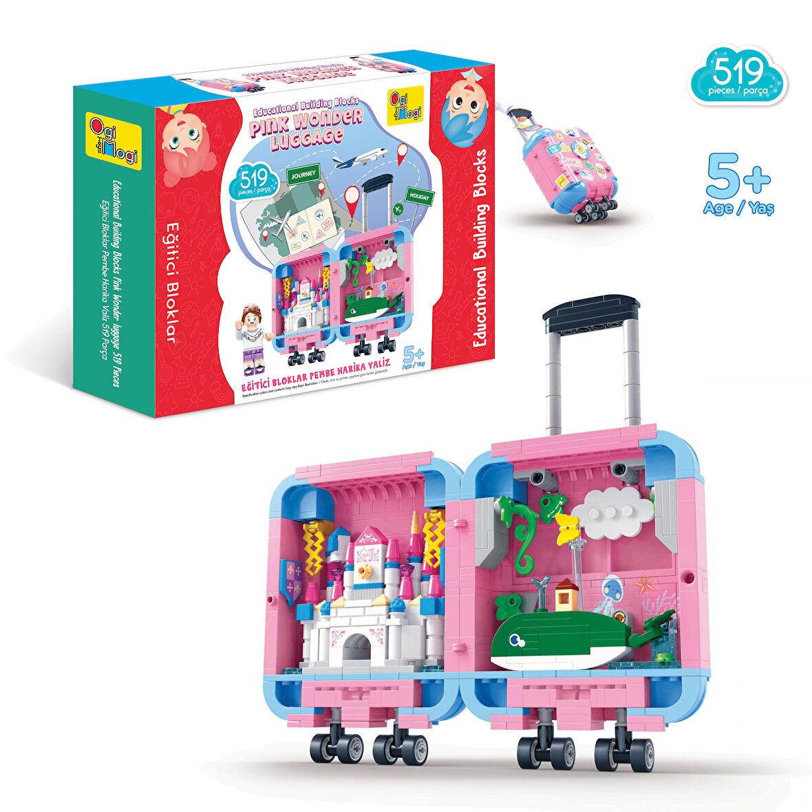 Ogi Mogi Toys Eğitici Bloklar Pembe Harika Valiz 519 Parça, Lego Uyumlu Yapı Seti