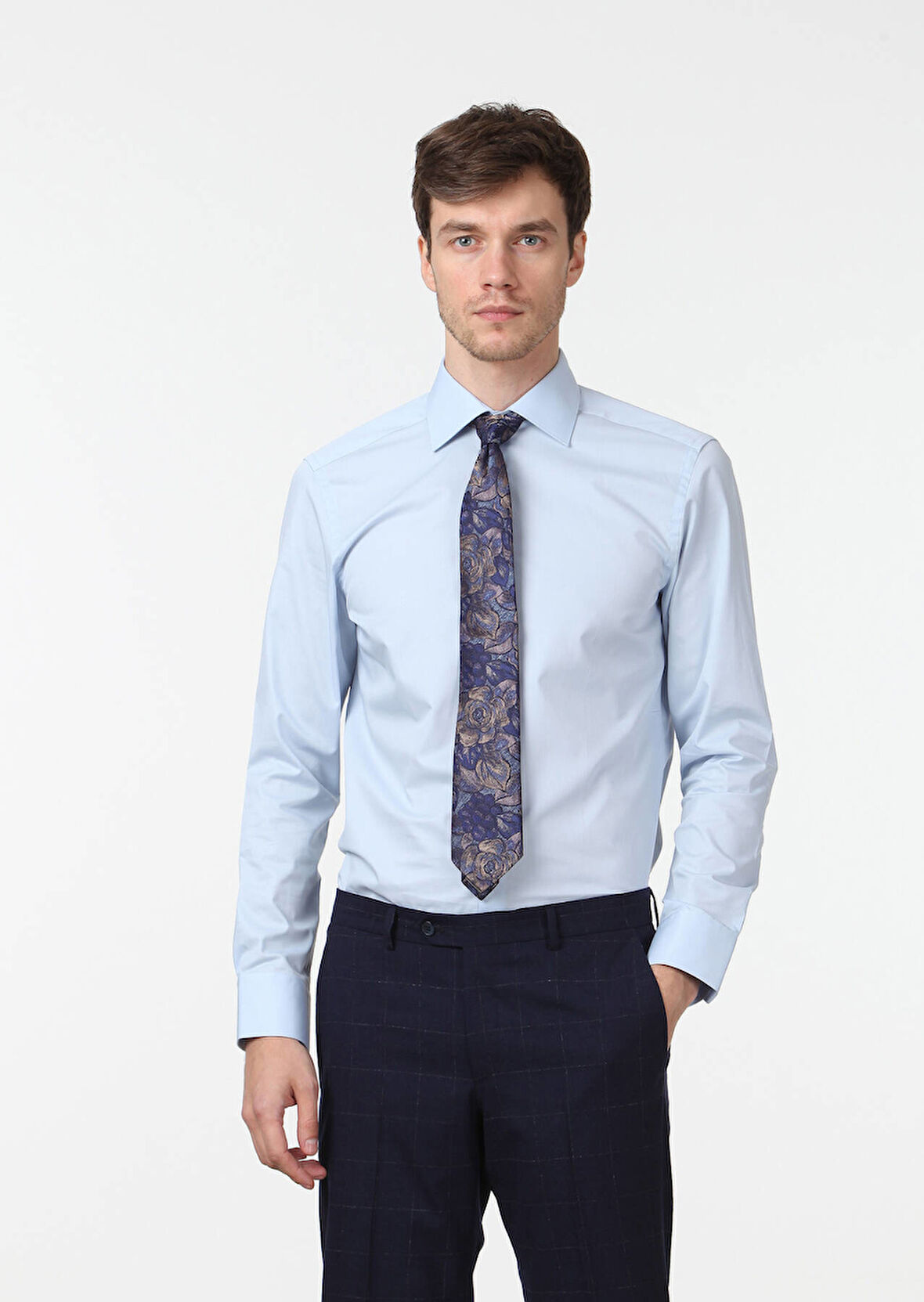 Mavi Düz Fitted Fit Dokuma Klasik Pamuk Karışımlı Gömlek