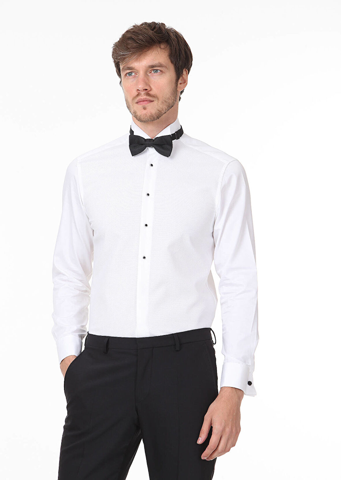 Beyaz Fitted Fit Duble Manşet Ata Yaka Smokin Gömlek