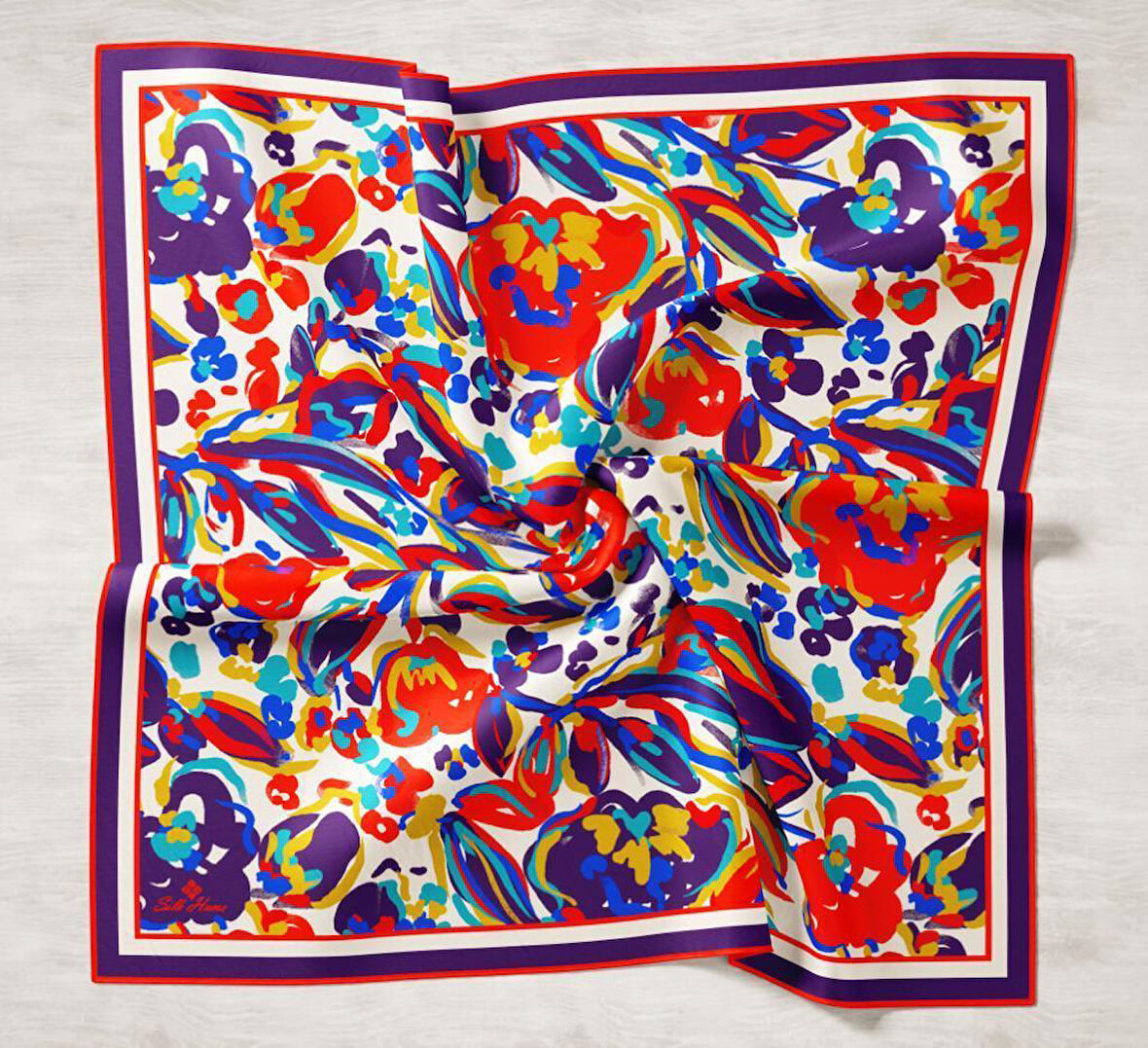 Silk Home Mor-Kırmızı Desenli Tivil İpek Eşarp IST11405-38