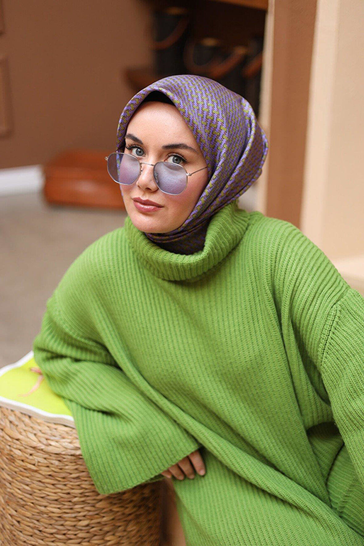 Silk Home Lila-Yeşil Geometrik Desenli Tivil İpek Eşarp IST11421-36