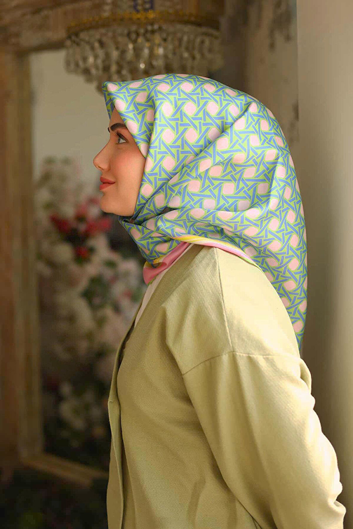  Silk Home Pembe Fıstık Yeşili Karma Desen Tivil İpek Eşarp IST11424-70