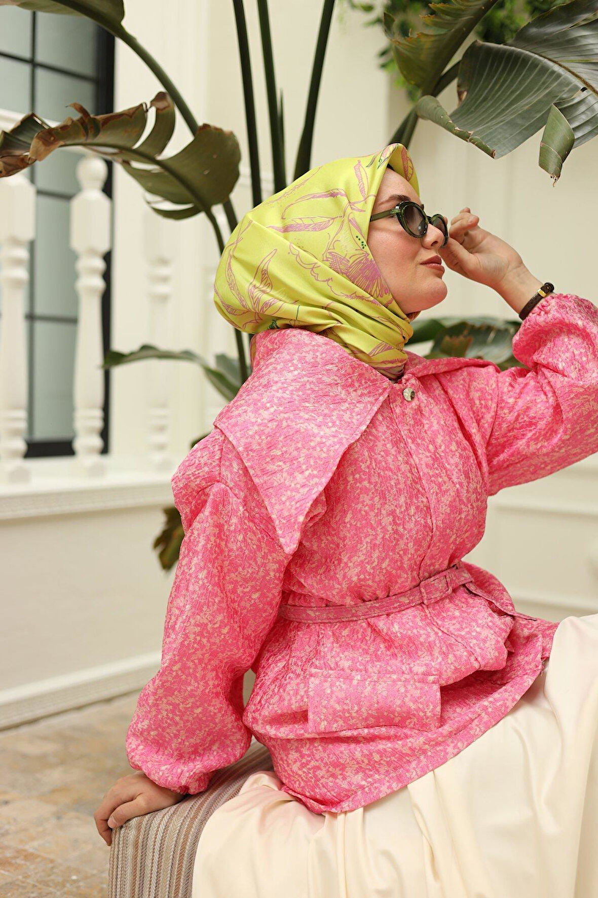 Silk Home Yeşil Pembe Desenli Tivil İpek Eşarp IST11433-19
