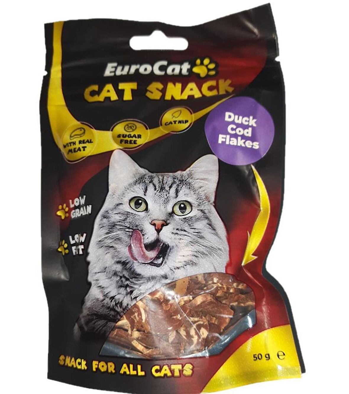 EuroCat Tahılsız Şekersiz Kurutulmuş Et Cat Duck Cod Flakes Kedi Ödülü 50 Gr