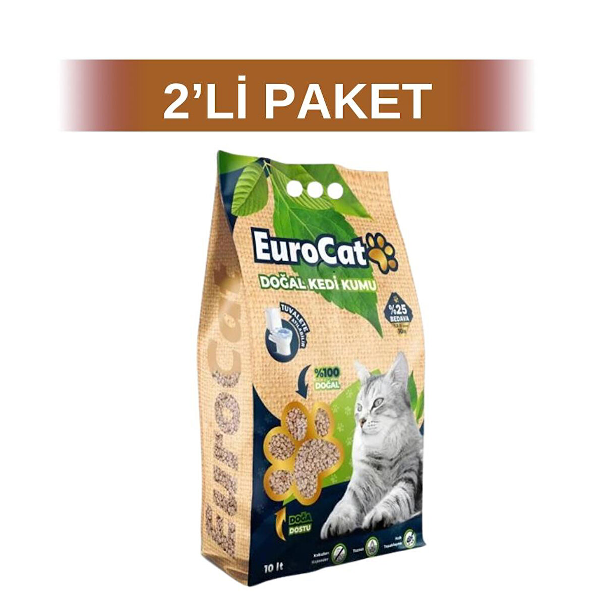EuroCat Hızlı Topaklaşan Doğal Kedi Kumu 10 lt 2 Adet