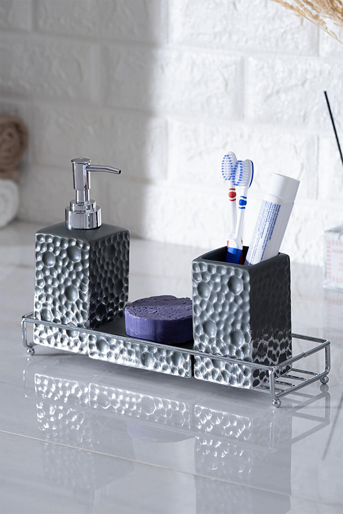 Acar Odeon Gri 4 Parça Stoneware Banyo Seti