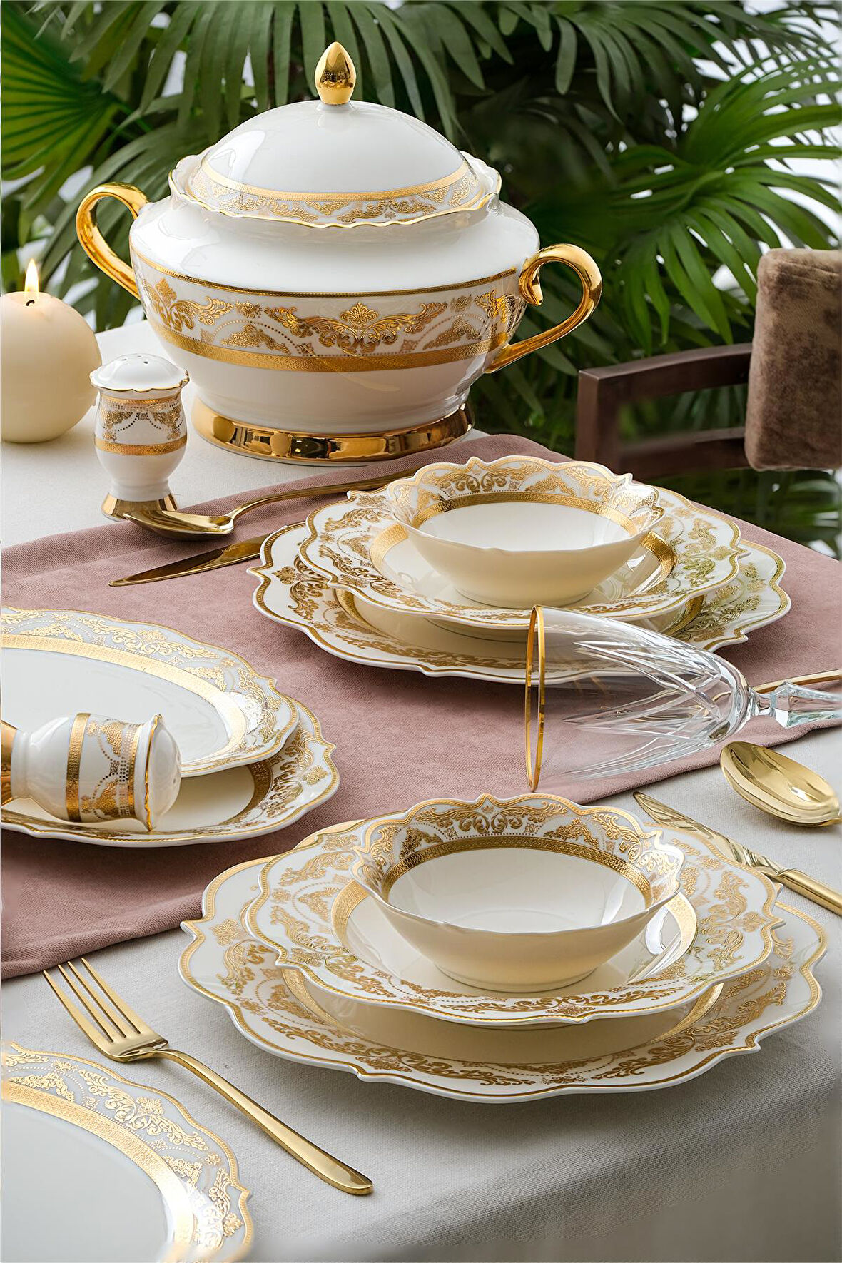 Aurora 60 Parça 12 Kişilik Gold Porselen Yemek Takımı