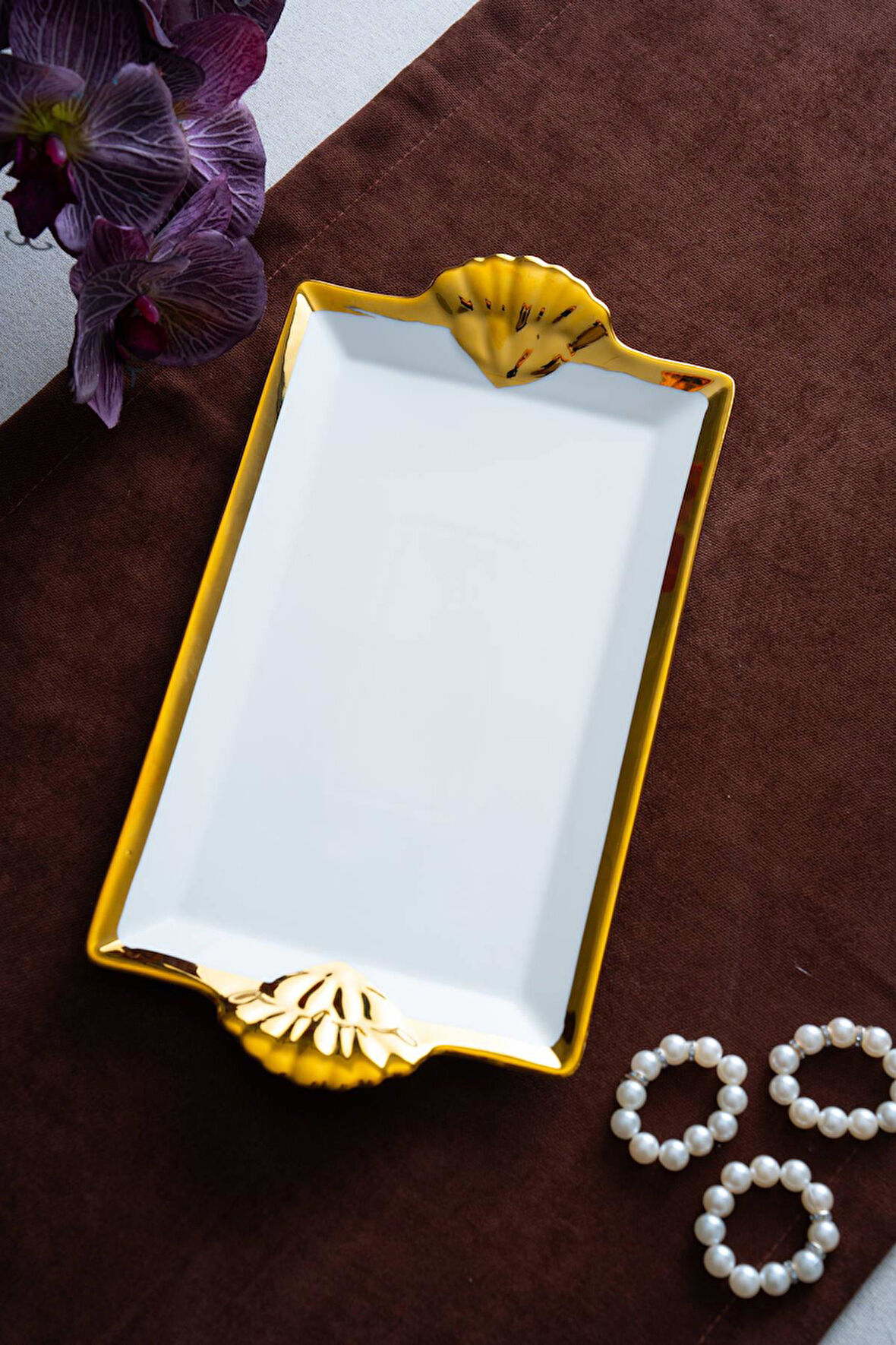 Arven Dikdörtgen Gold Sunum Tepsi - 33 cm