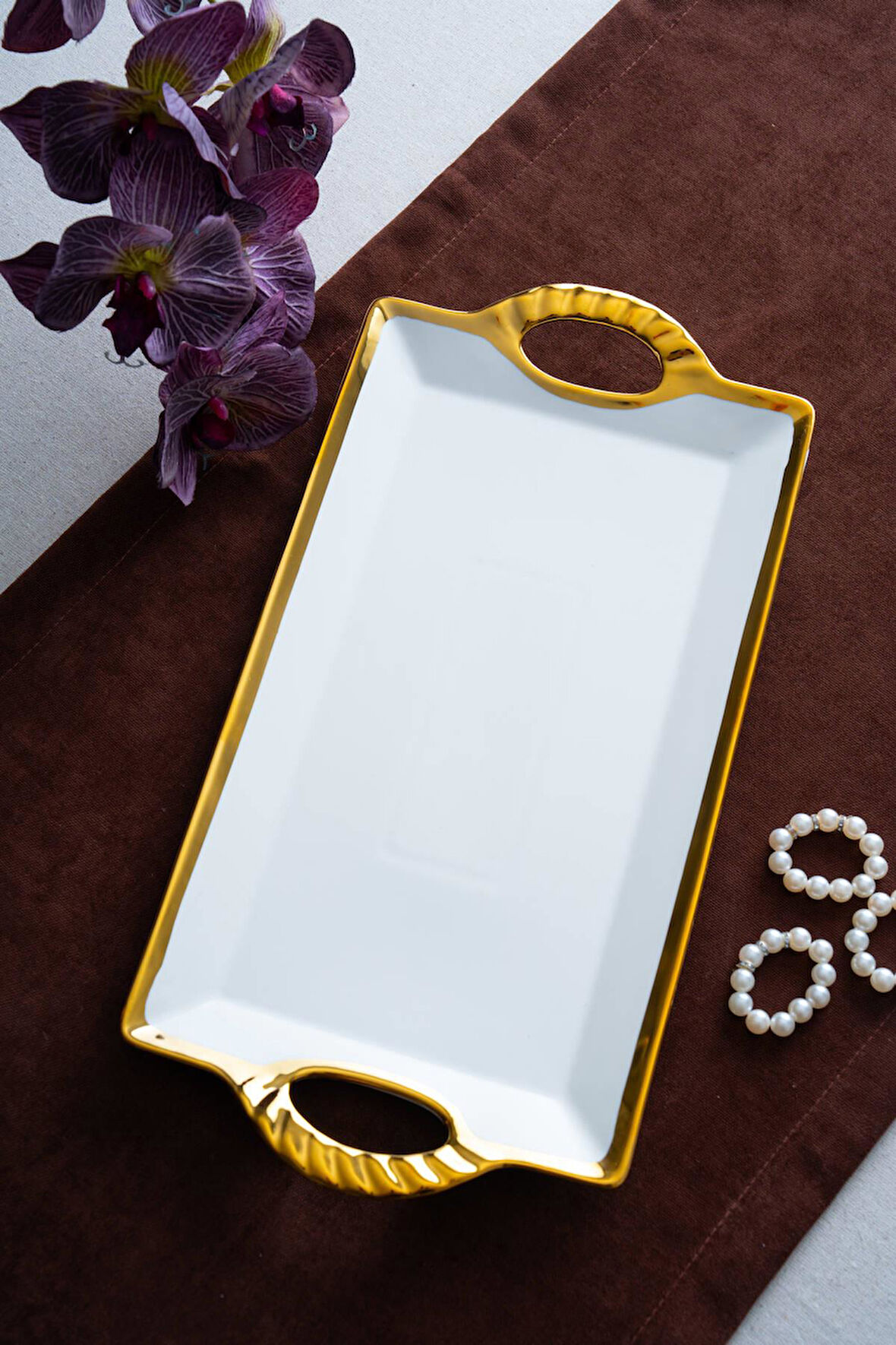Arven Dikdörtgen Gold Sunum Tepsi - 41 cm