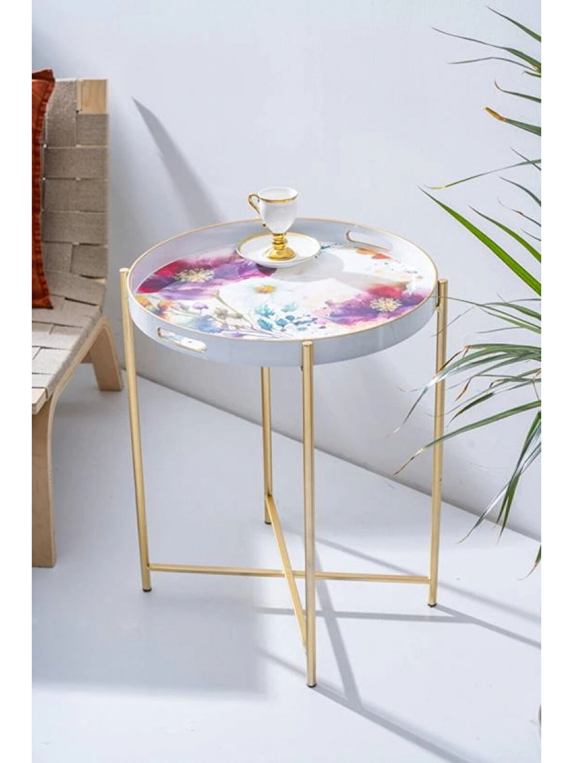 Acar FLK7980 Çiçek Desenli Çıkarılabilir Tepsili Sehpa