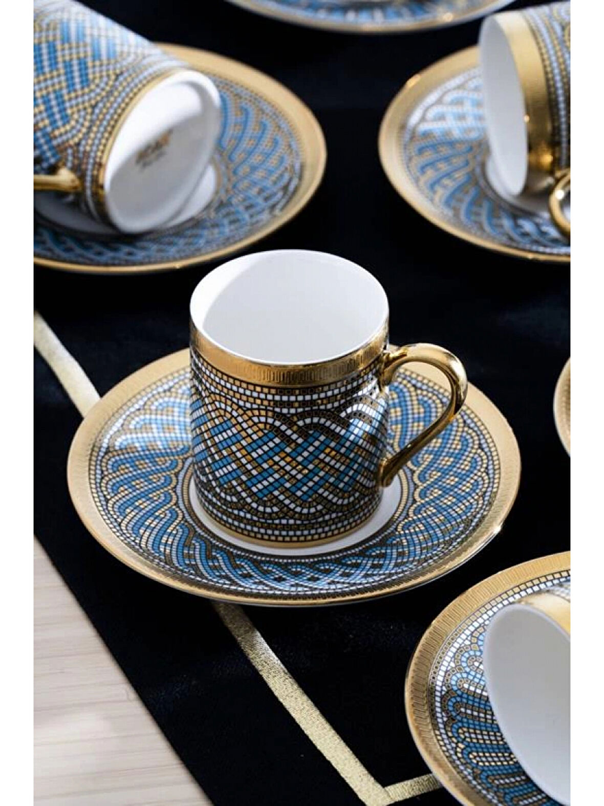 Acar HXF8435 Gold-Mavi Desenli Porselen Kahve Seti 6'lı