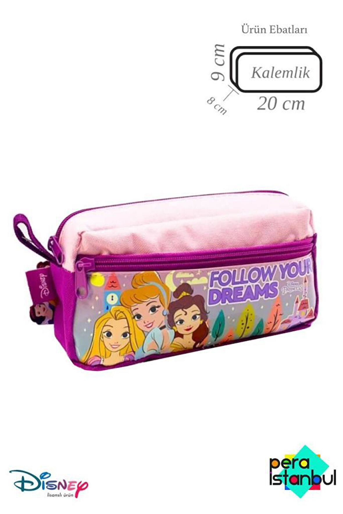 Çift Fermuar Bölmeli Büyük Kapasiteli Kız Çocuklar için Disney Prenses Serisi Kırtasiye Kalem Kutusu