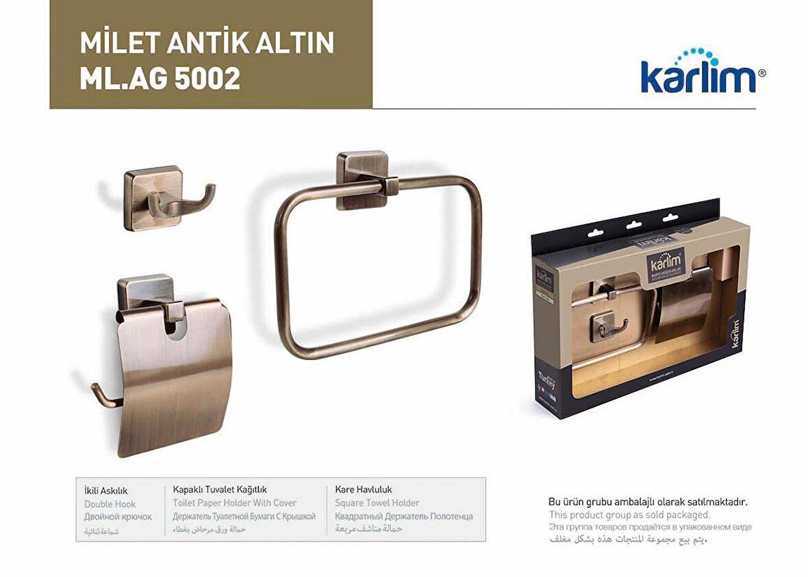 Karlim®Milet Serisi Atik Altın Kaplama 3'lü Aksesuar Set (Kare Havluluk, İkili Askılık, Kapaklı Kağıtlık)