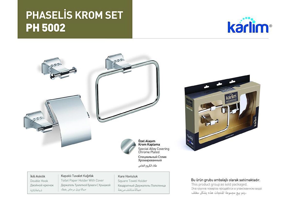 Karlim®Phaselis Serisi Krom Kaplama 3'lü Aksesuar Set (Kare Havluluk, İkili Askılık, Kapaklı Kağıtlık’12)