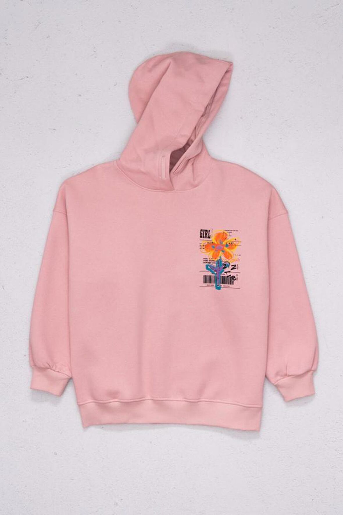 
Kız Çocuk Kapüşonlu İçi Polarlı Ön Ve Arkası Baskılı Oversize Kalıp Sweat Pudra