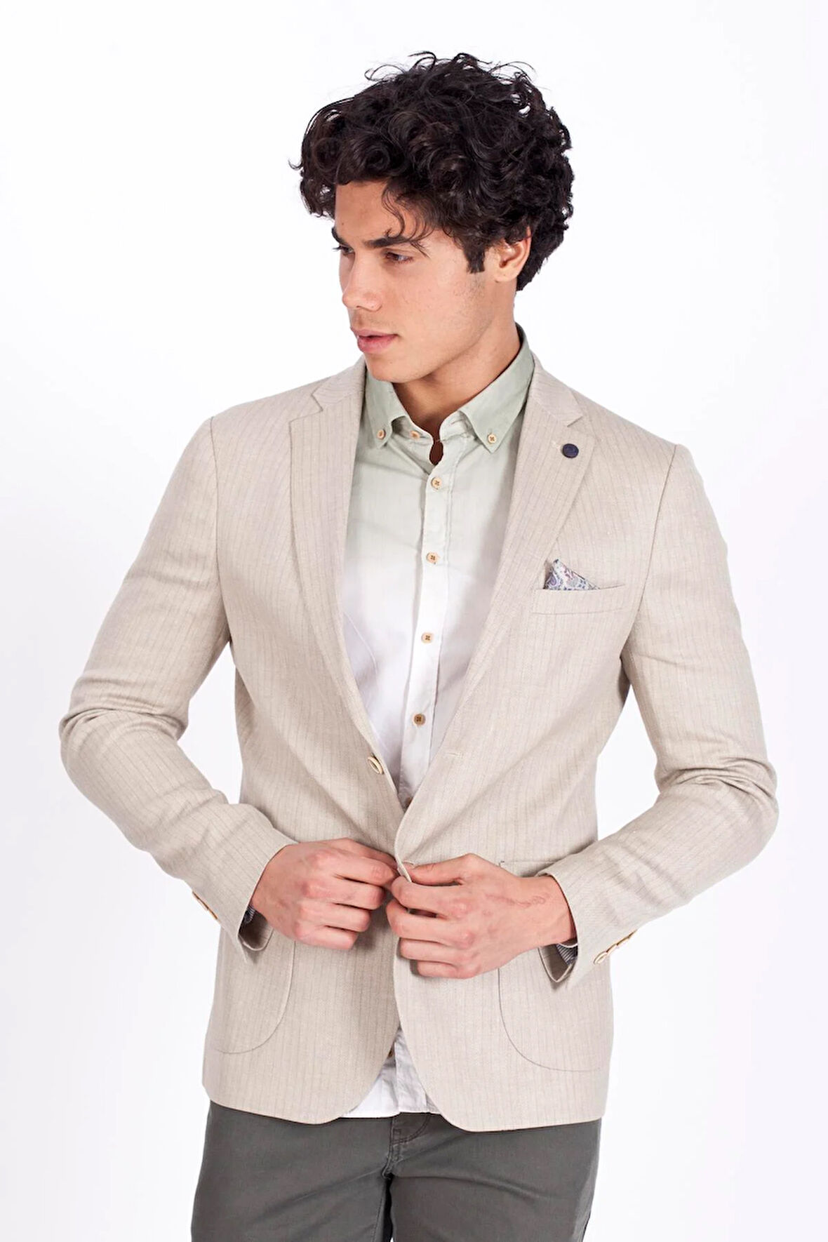 Erkek Bej Blazer Slim Fit Dar Kesim Çizgili Keten Karışımlı Ceket  4869