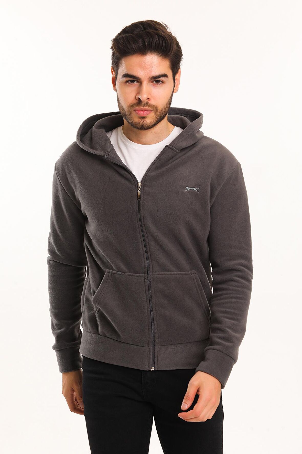 Slazenger SAMSON IN Erkek Fermuarlı Kapüşonlu Cepli Koyu Gri Polar