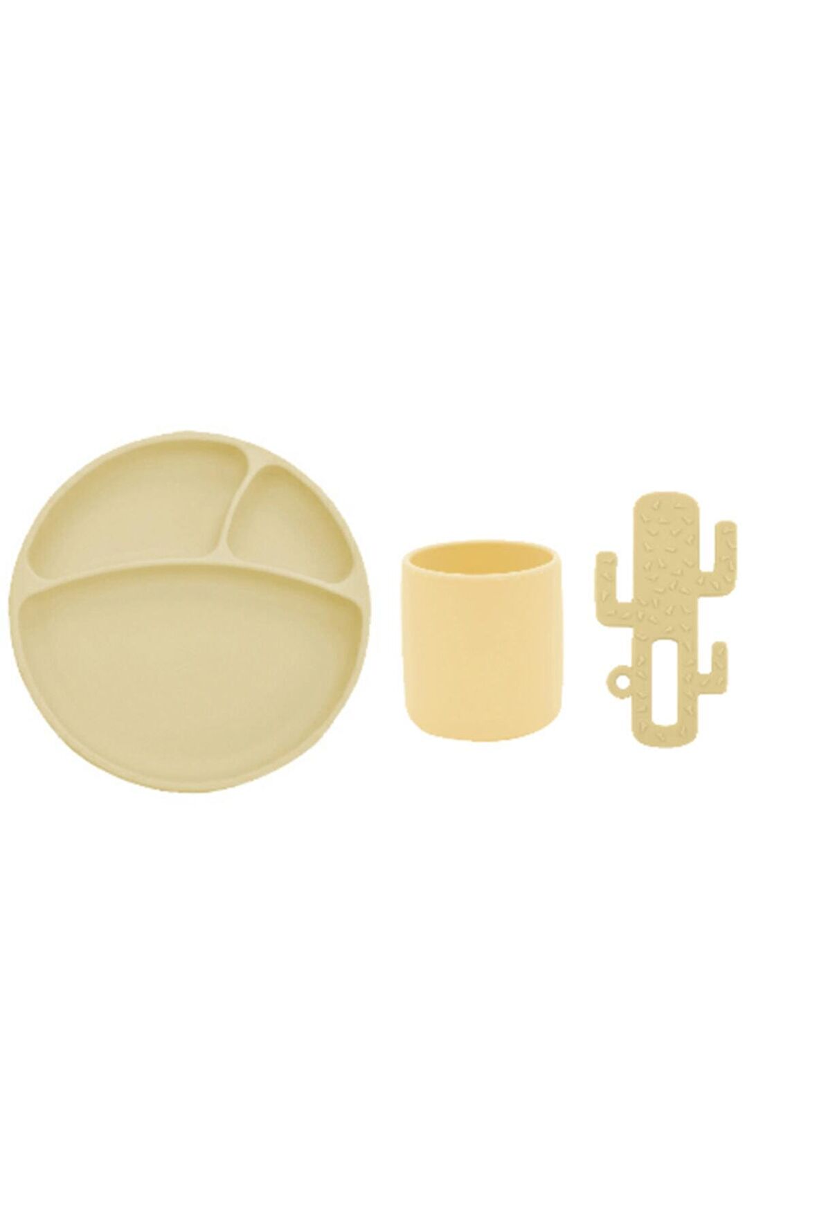 3 Lü Silikon Beslenme Seti ( Silikon Tabak + Silikon Bardak+ Silikon Kaktüs Diş Kaşıyıcı) Sarı