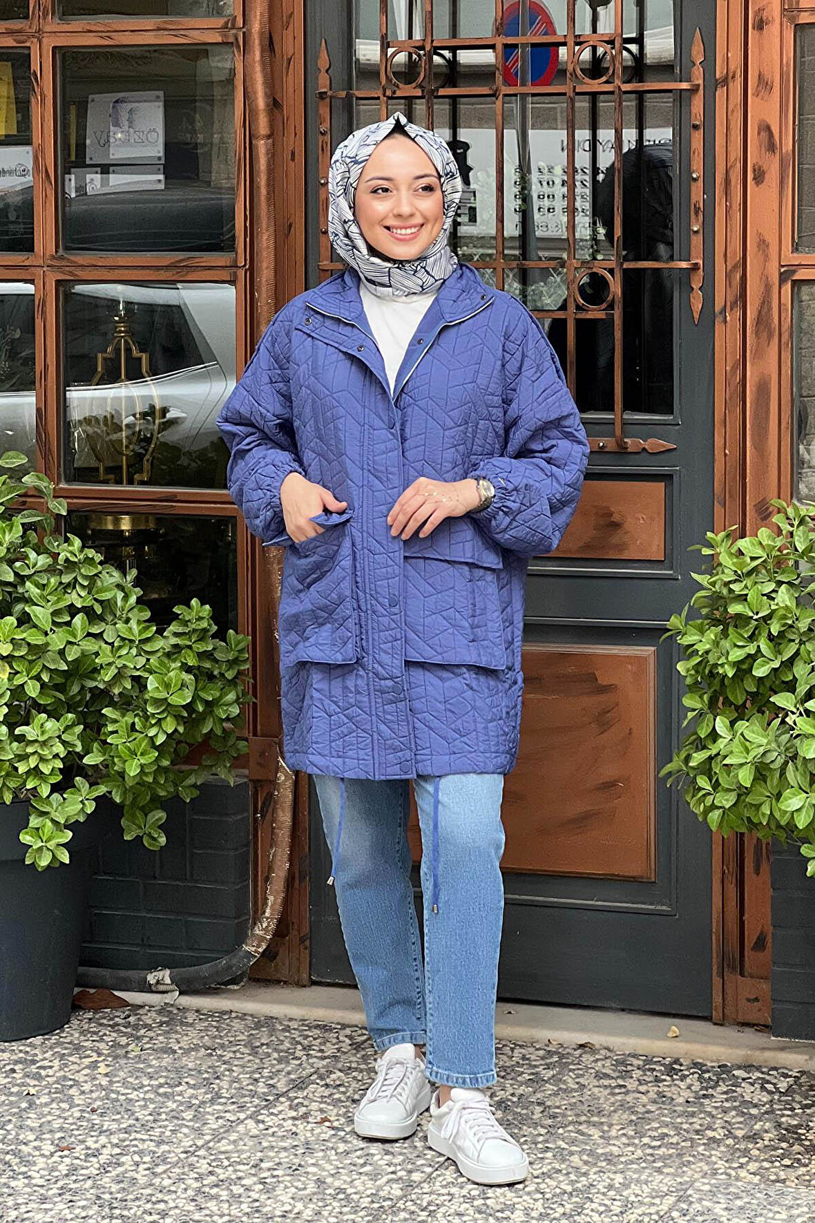 İNVEE  6913S Oversıze Kadın Kapitone Mont Saks Mavi