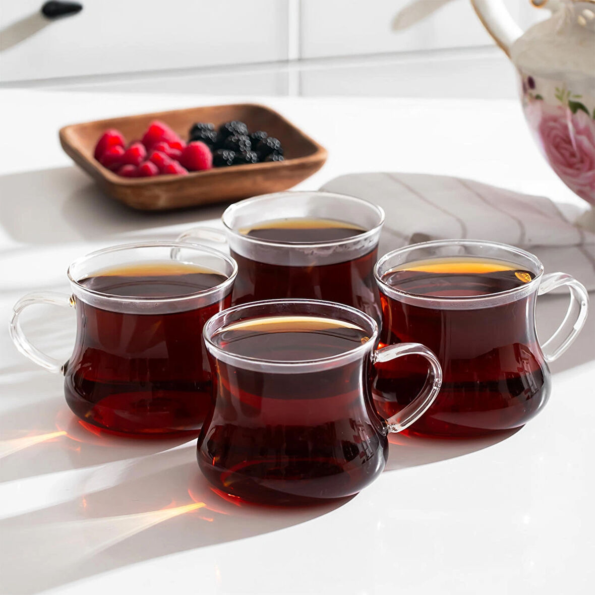 Porsima Pbt-706 Borosilikat Isıya Ateşe Dayanıklı Cam Kulplu 4lü Çay Bardağı Kahve Bardak Seti Kupa Şeffaf 250ml