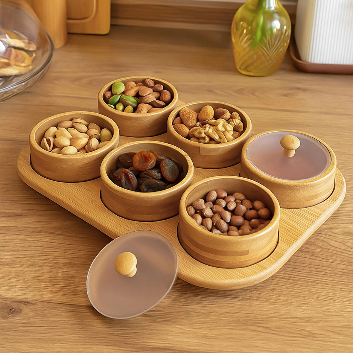 Porsima Pbt-693 Tepsili 6lı Bambu Kahvaltılık Saklama Kabı Kapaklı Saklama Kabı Kapaklı Kahvaltılık Seti