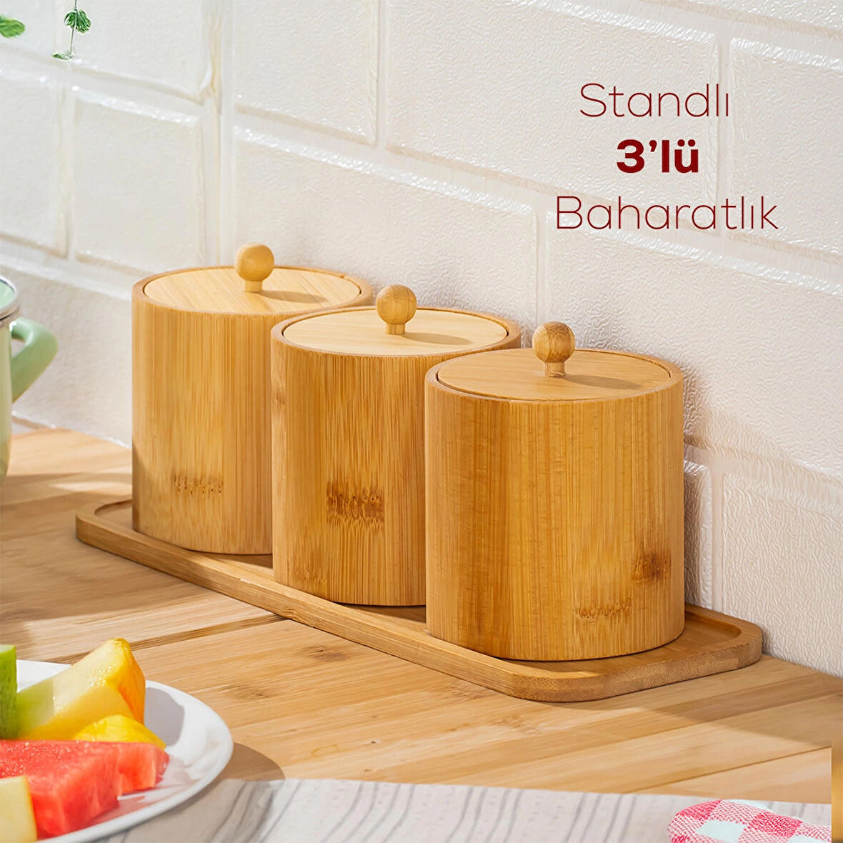 Porsima Pbt-604 Bambu Çok Amaçlı Standlı Saklama Kabı Organizer 4 Parça Baharat Seti