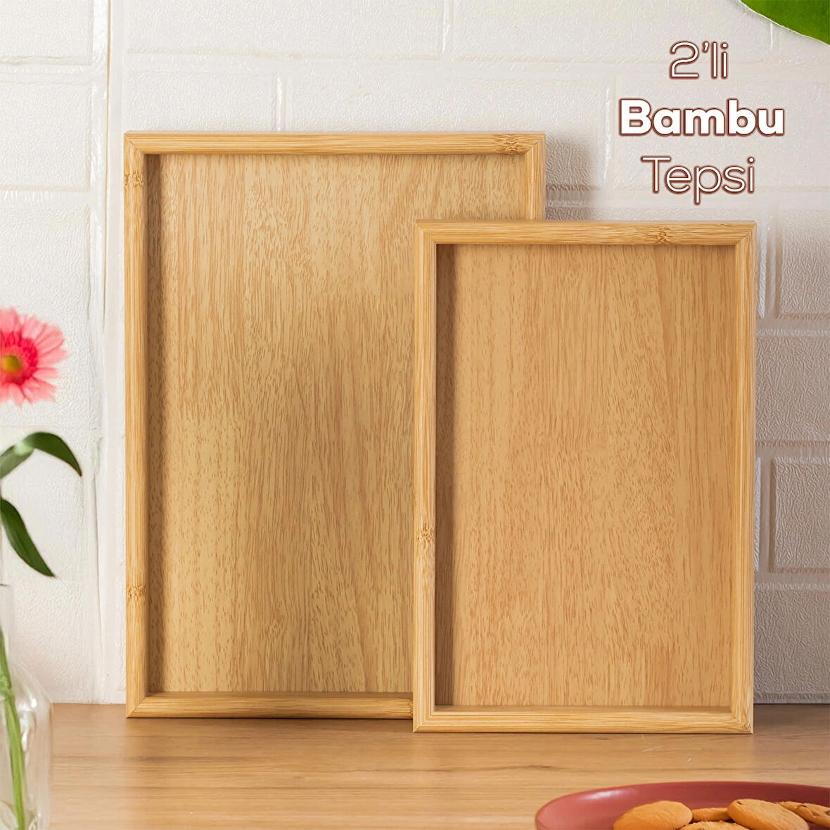 Porsima Pbt-362 Ahşap Tepsi 2li Set Çay Kahve Bambu Sunumu Tepsi Seti