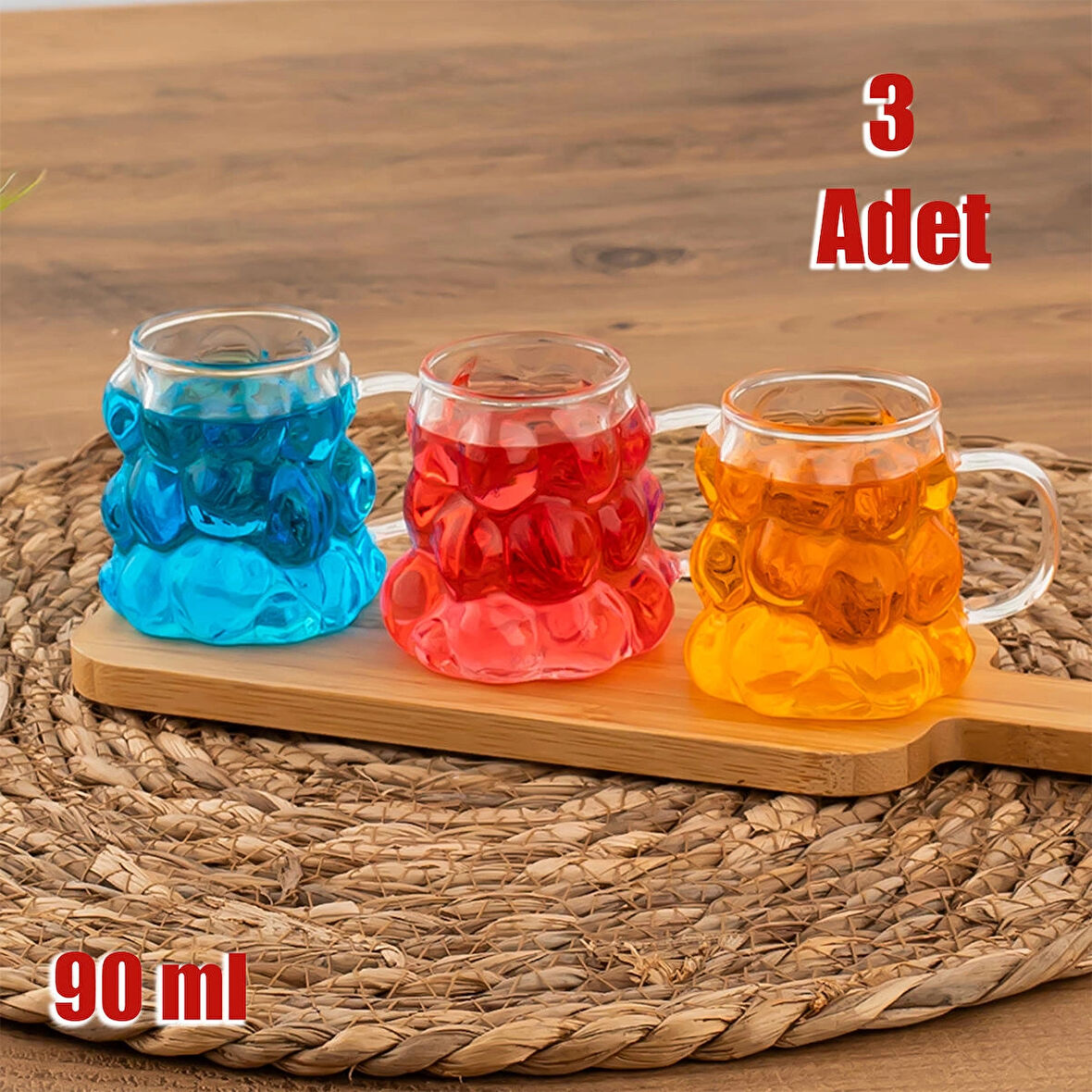 Porsima 153 3 Parça Borosilikat Boncuk Şekilli Bardak Seti 90 Ml