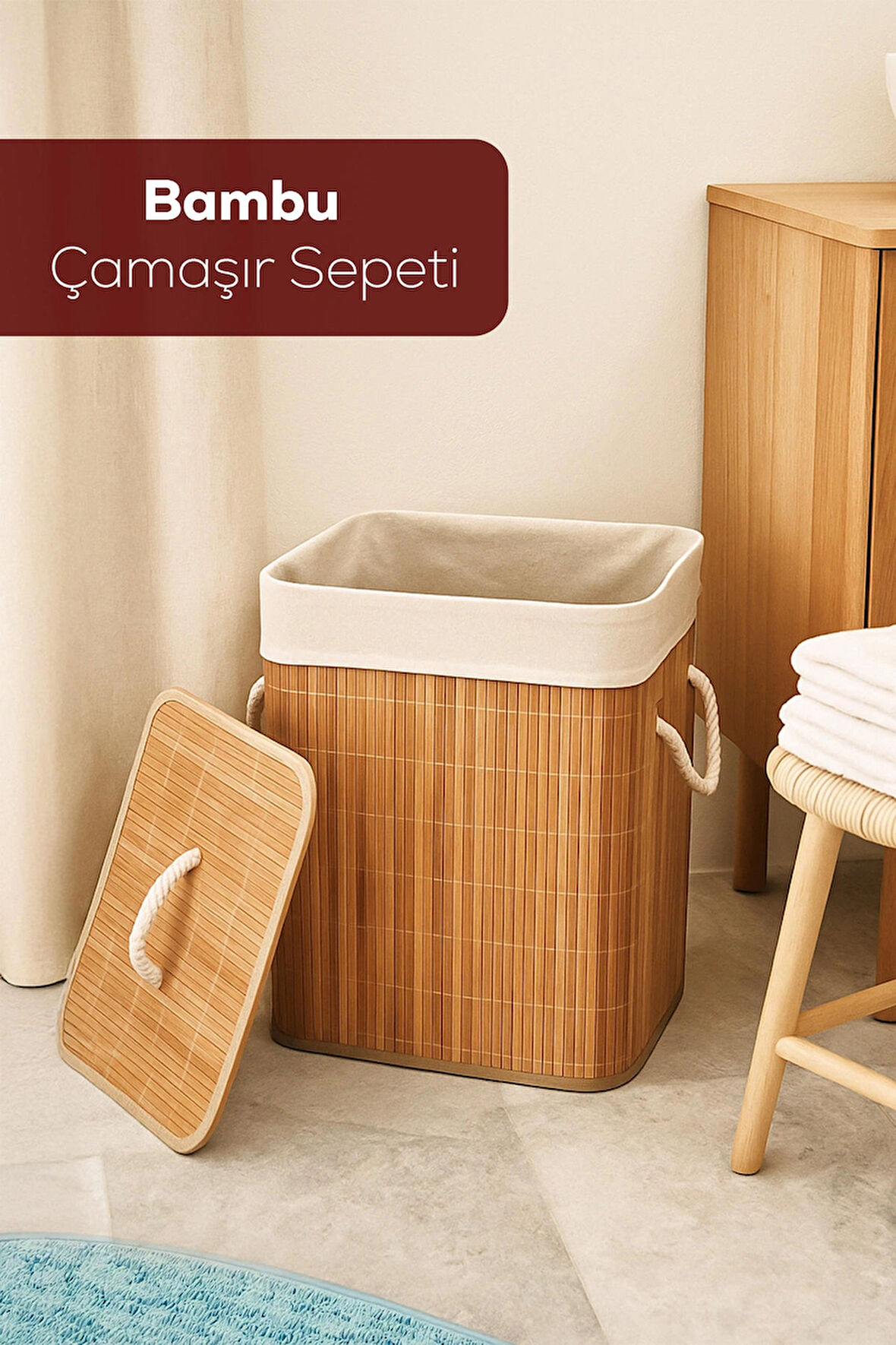 Porsima Pbt-053 Kapaklı Kirli Çamaşır Sepeti Dikdörtgen - Bambu Kirli Çamaşır Sepeti