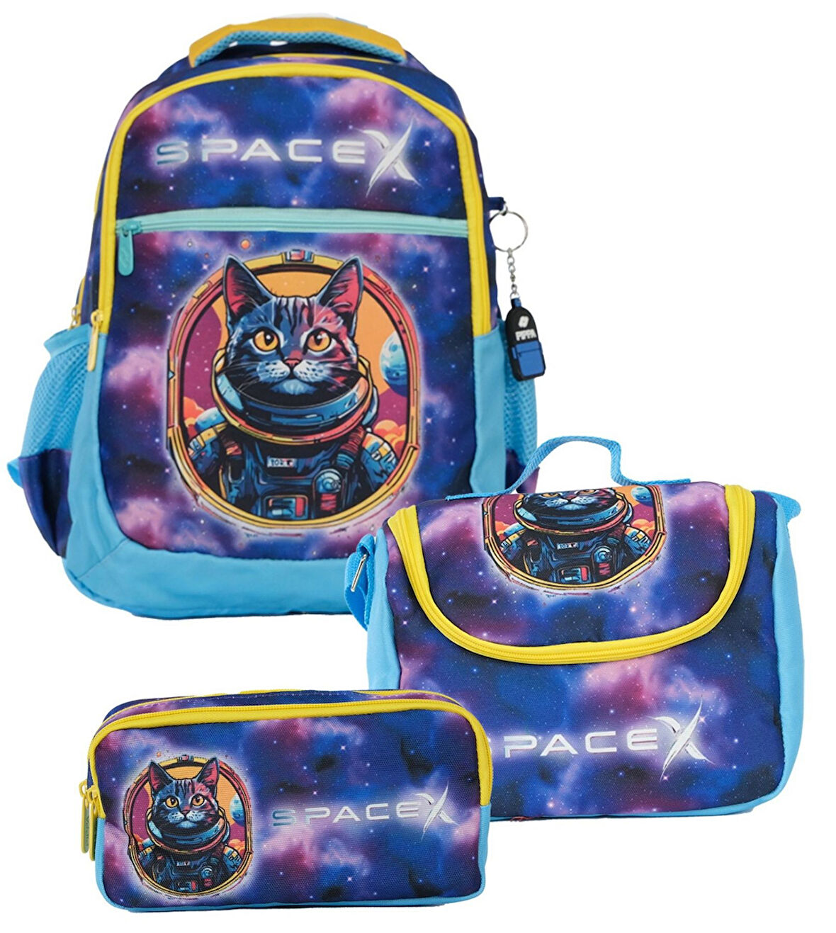 Pippa Erkek Çocuk Üç Gözlü Mavi/Sarı İlkokul Üçlü Okul Çanta Seti - Astronot Kedi - PPSET5255