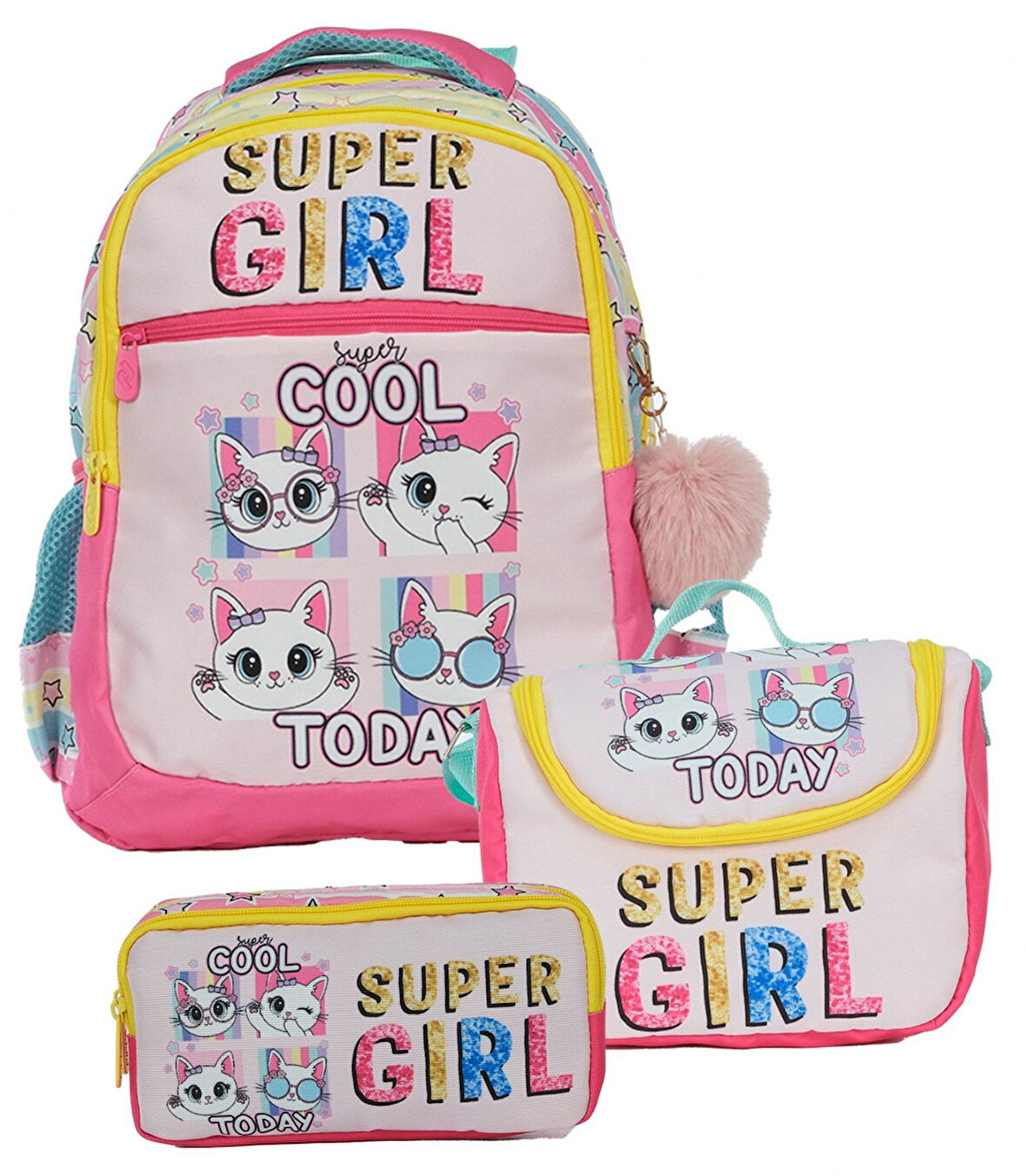 Pippa Kız Çocuk Üç Gözlü Pembe/Sarı İlkokul Üçlü Okul Çanta Seti - Super Girl - PPSET5220