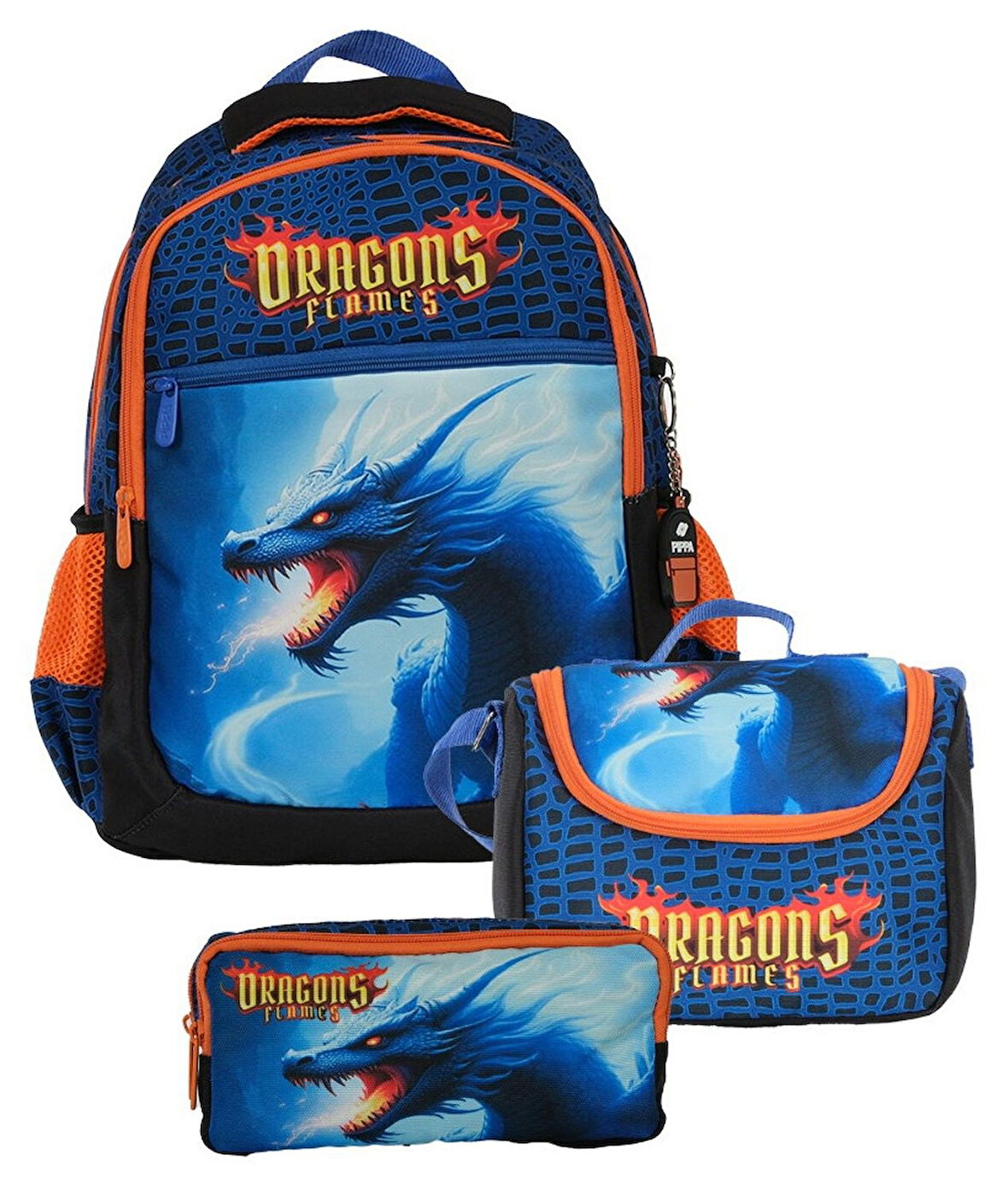 Pippa Erkek Çocuk ÜÇ Gözlü Lacivert Turuncu İlkokul Üçlü Okul Çanta Seti - Dragon/Ejderha - PPSET5280