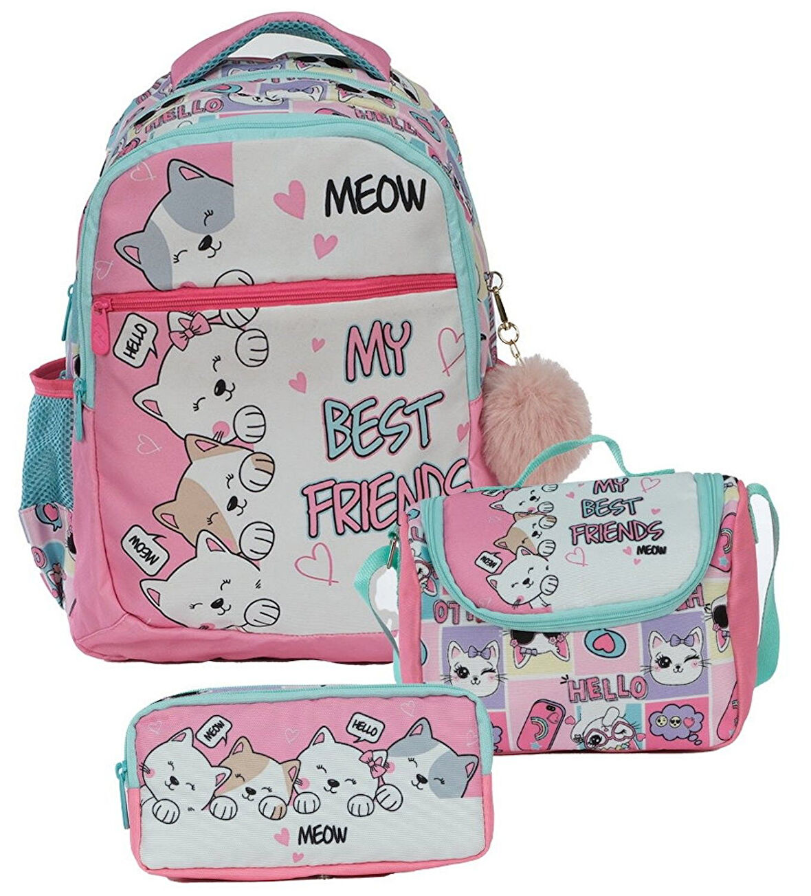 Pippa Kız Çocuk Üç Gözlü Pembe Beyaz İlkokul Üçlü Okul Çanta Seti - Sevimli Kediler - PPSET5200