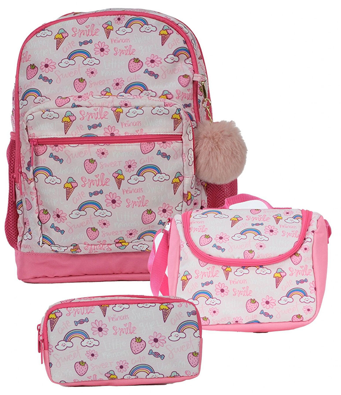 Pippa Kız Çocuk Üç Gözlü Pembe İlkokul Üçlü Okul Çanta Seti - Dondurma ve Gökkuşağı - PPSET5310