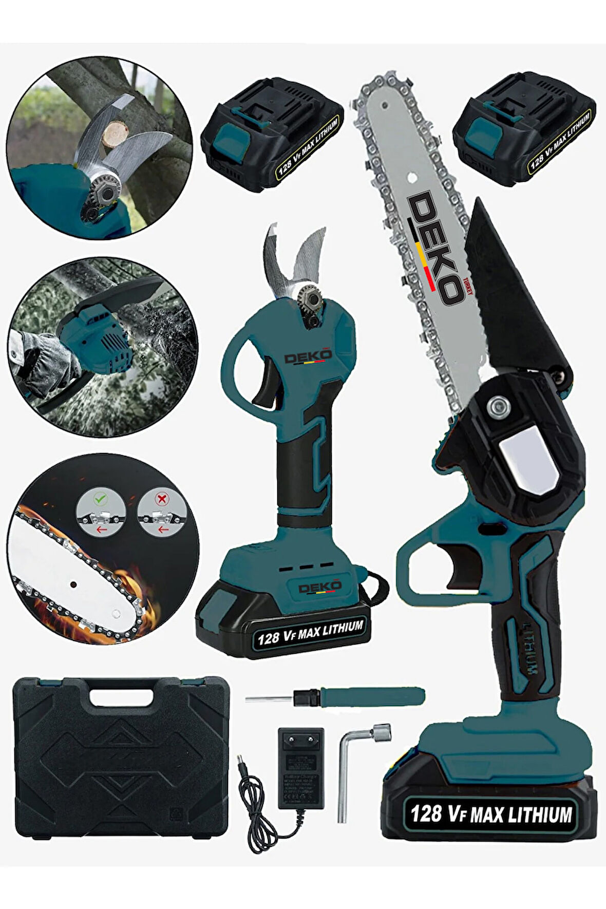 2Li Muhteşem Set 128Vf 10Ah Çift Akülü Çelik Şanzıman Şarjlı Dal Ağaç Kesme Budama ve Makası