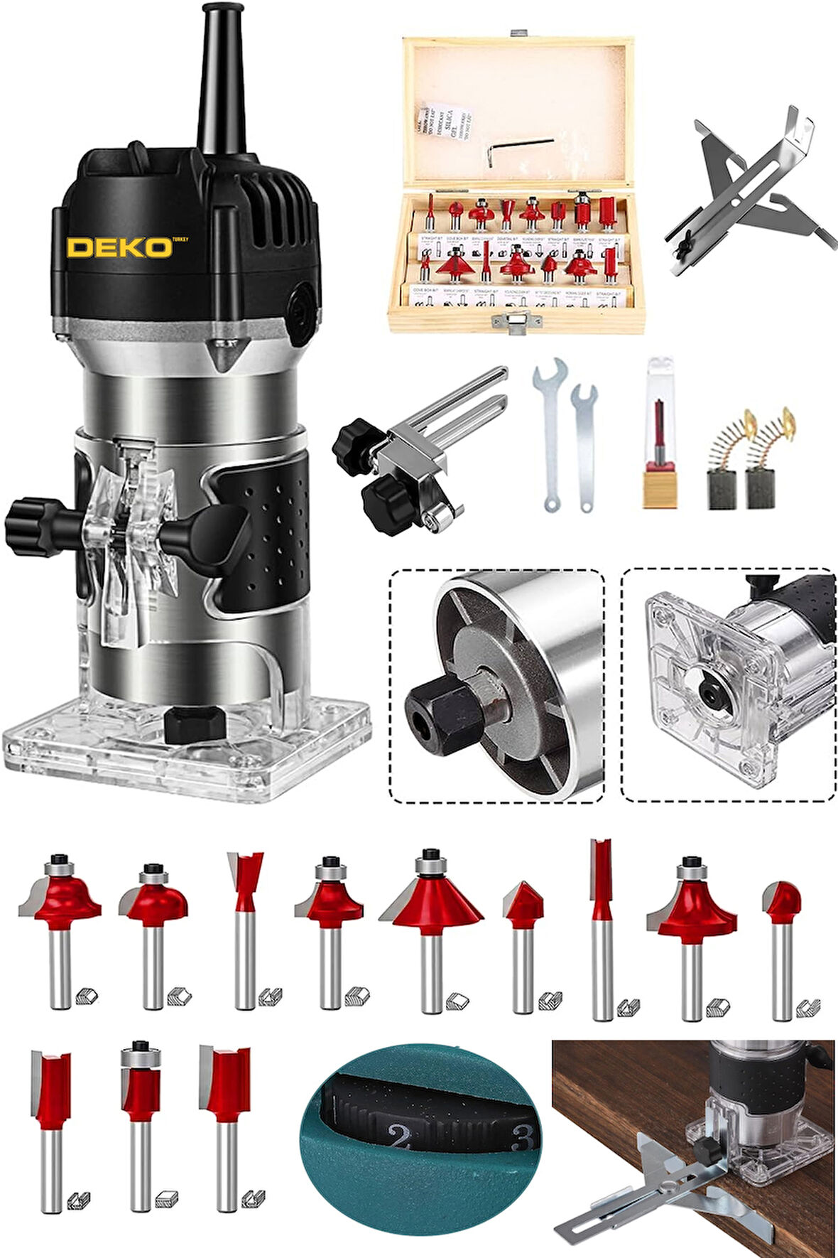 Bakır Sargı System 3000W Devir Ayarlı Formika Freze Makinesi 6 Mm Pens + 12 Adet Uç Set Hediye