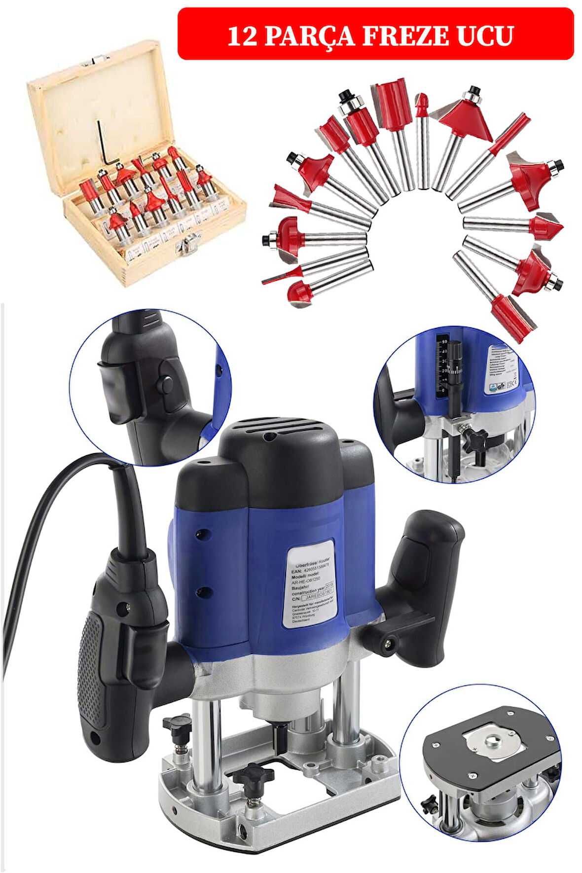 Büyük Boy Çift Kollu Kenar Frezesi Ahşap Dik Freze 6 Kademe Devir Ayarlı +12 Ad Uç Hediyeli