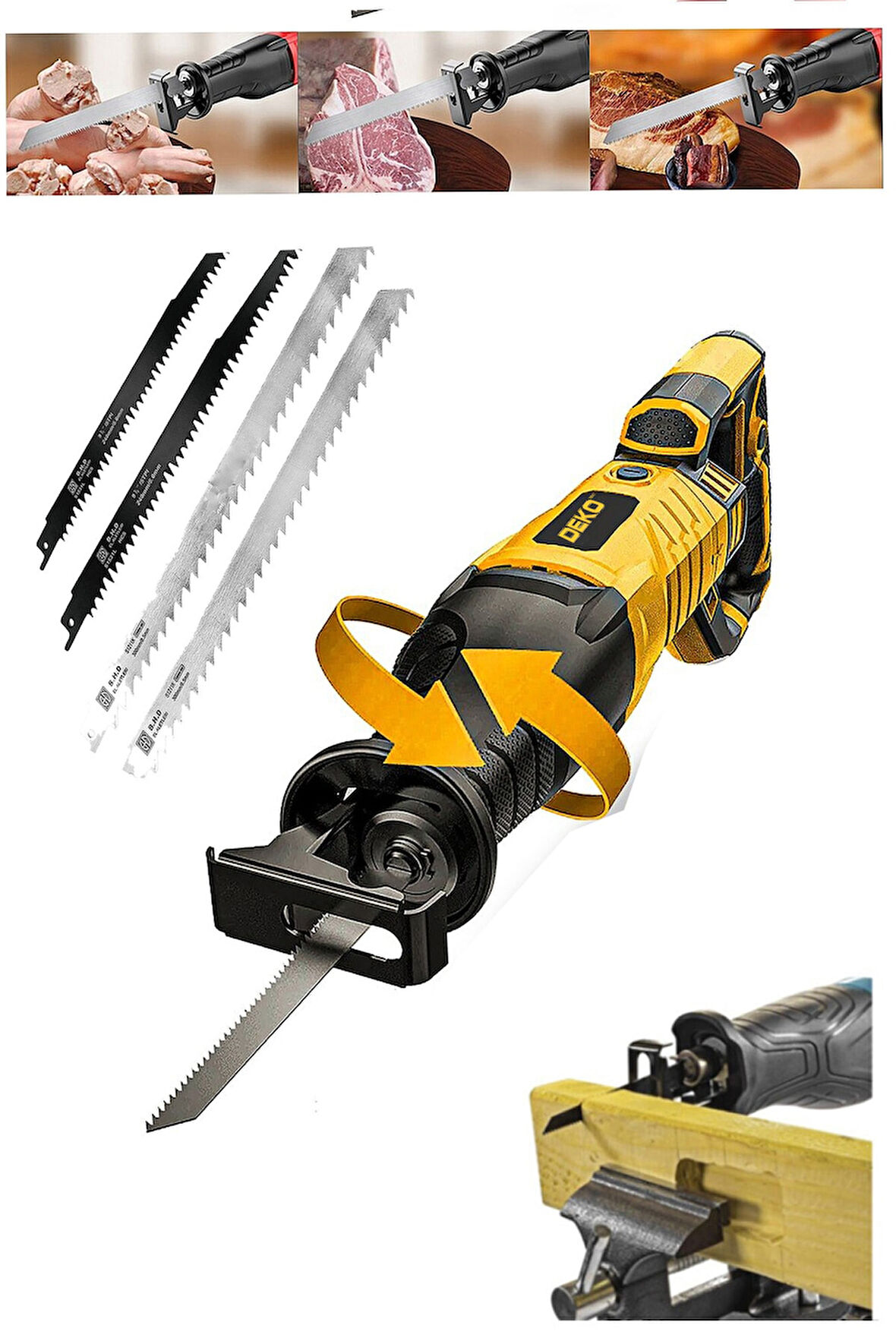 Dkt1130 1100w Devir Ayarlı 180° Döner Başlıklı Tilki Kuyruğu Ahşap Metal Kemik Et Kesme + 5 Bıçak