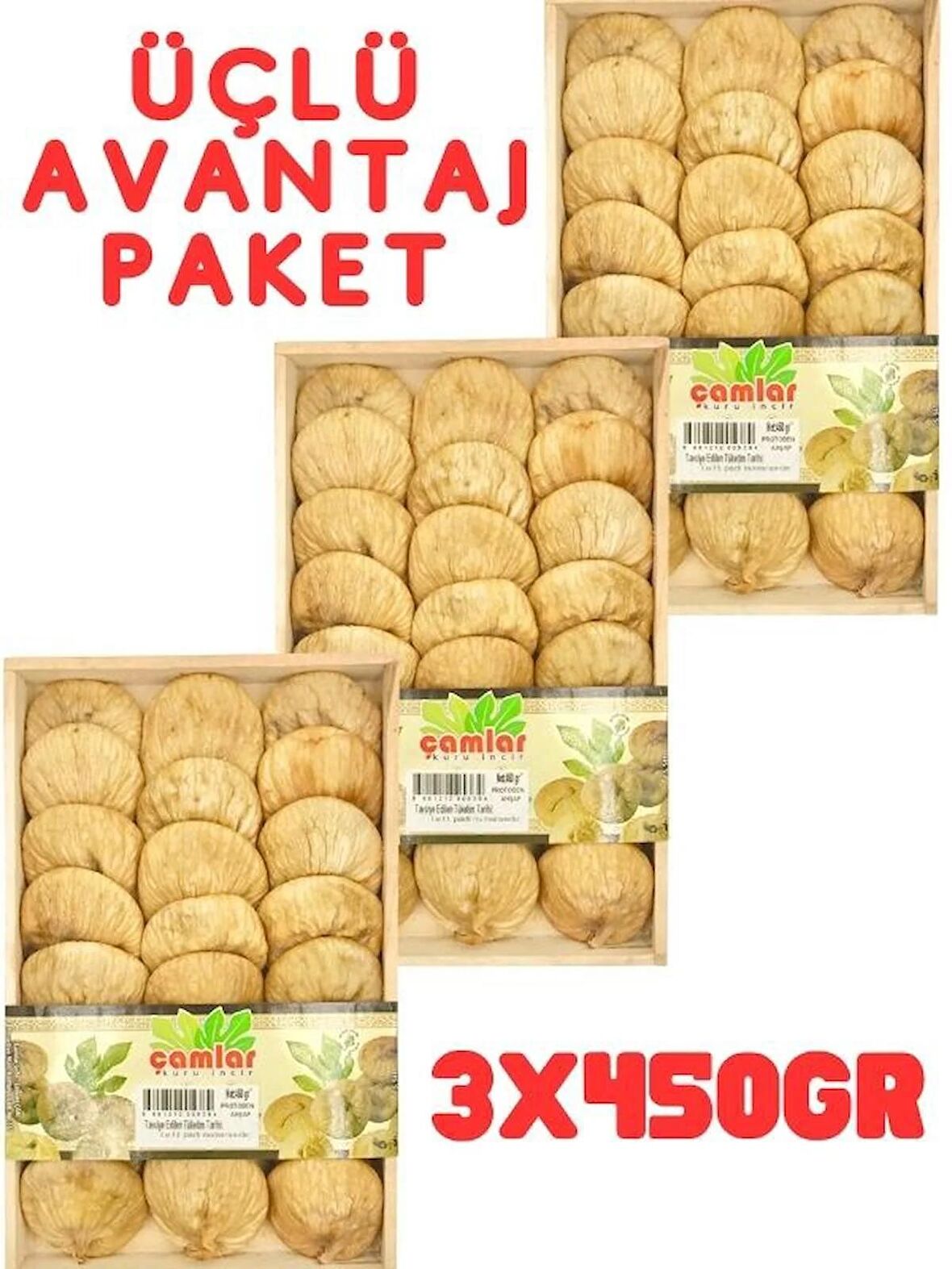 Doğal Kuru Incir Orta Boy Ahşap Tabak 450 gr 3'lü Paket