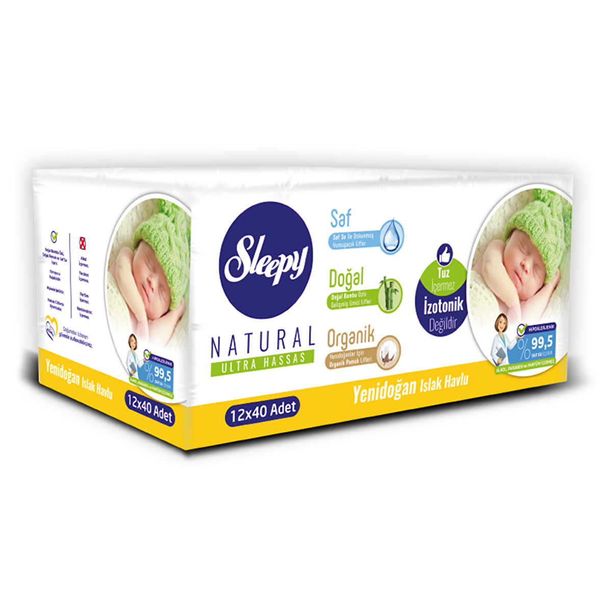 Sleepy Natural Yenidoğan -Parfümsüz-Alkolsüz 12 x 40 Yaprak 12 Paket Islak Mendil