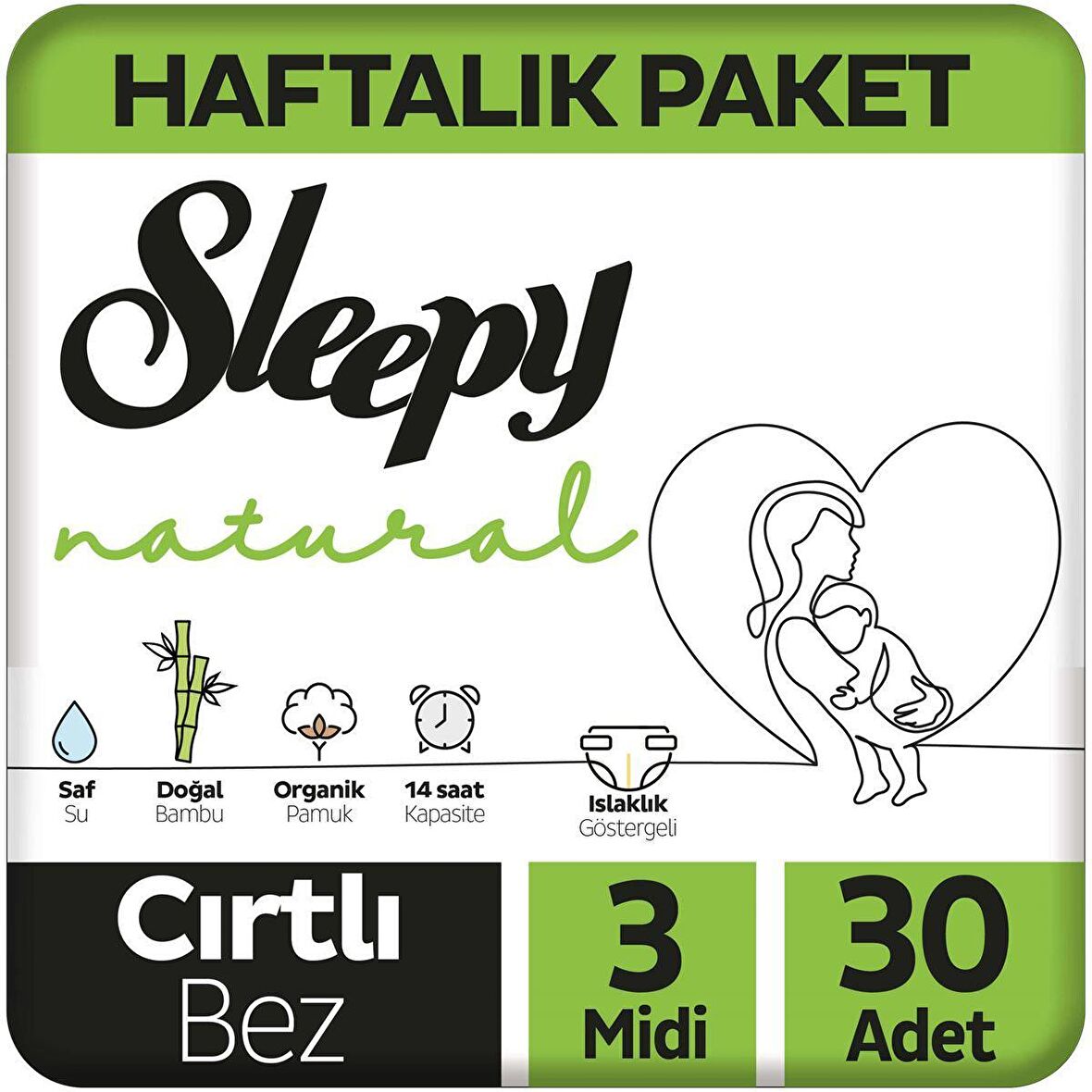 Sleepy Natural 3 Numara Midi 30'lu Cırtlı Bez