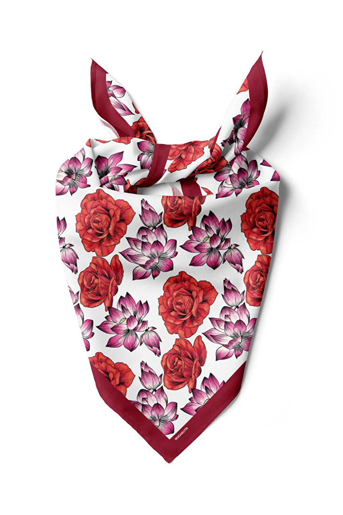 Y57 Kadın Çiçek Desenli Bandana 50x50 Kırmızı DG0139-2