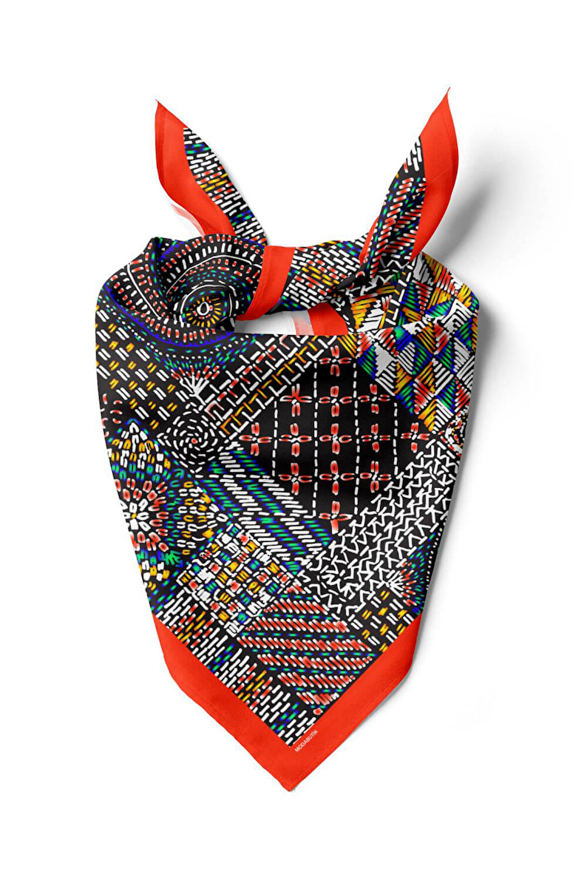 F49 Kadın Patchwork Desenli Bandana 50x50 Kırmızı Siyah DG0326-22